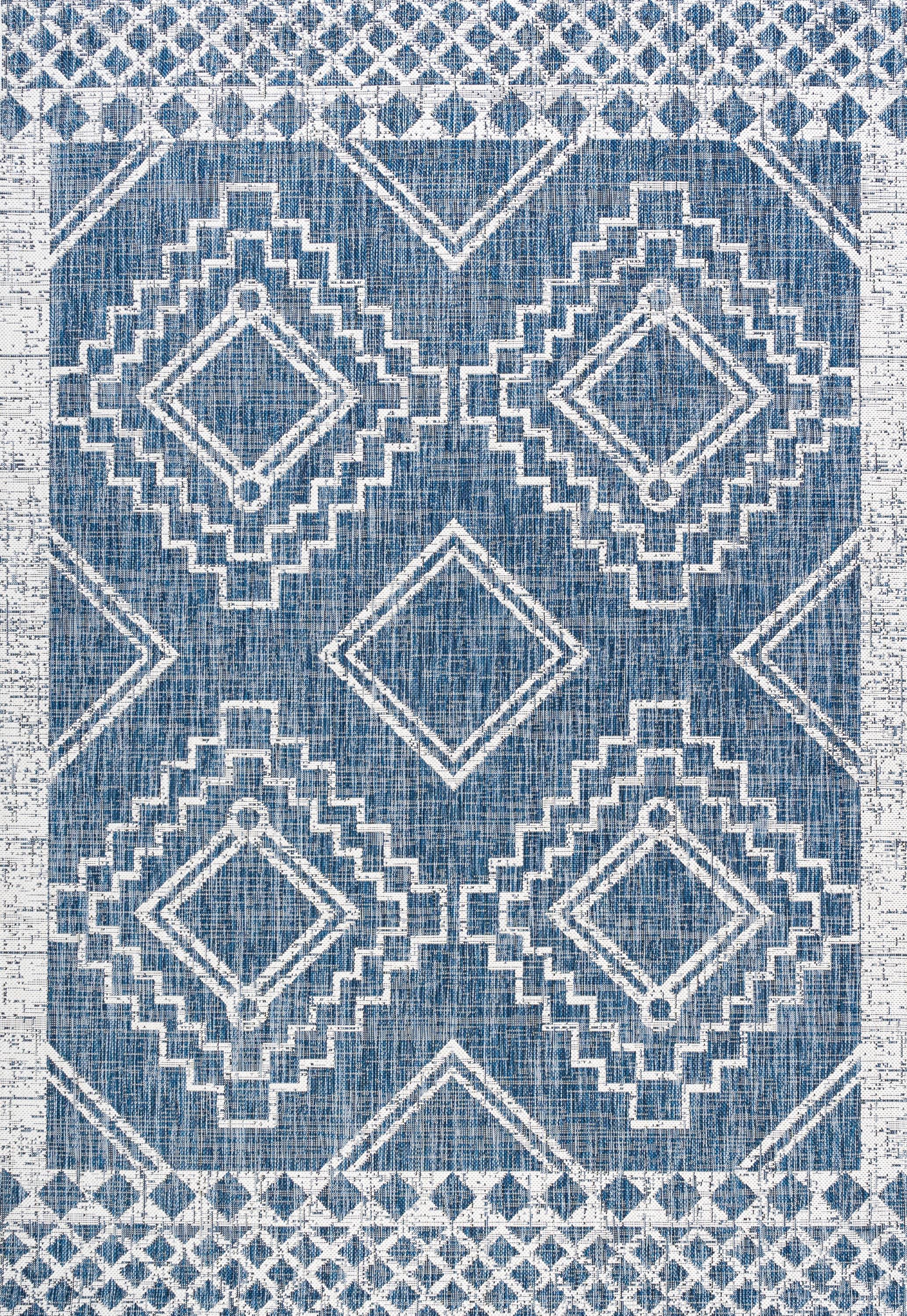 3'x5' Marokko Diamond  Medallion Indoor/Outdoor Area Rug, Blue/Ivory - JONATHAN Y