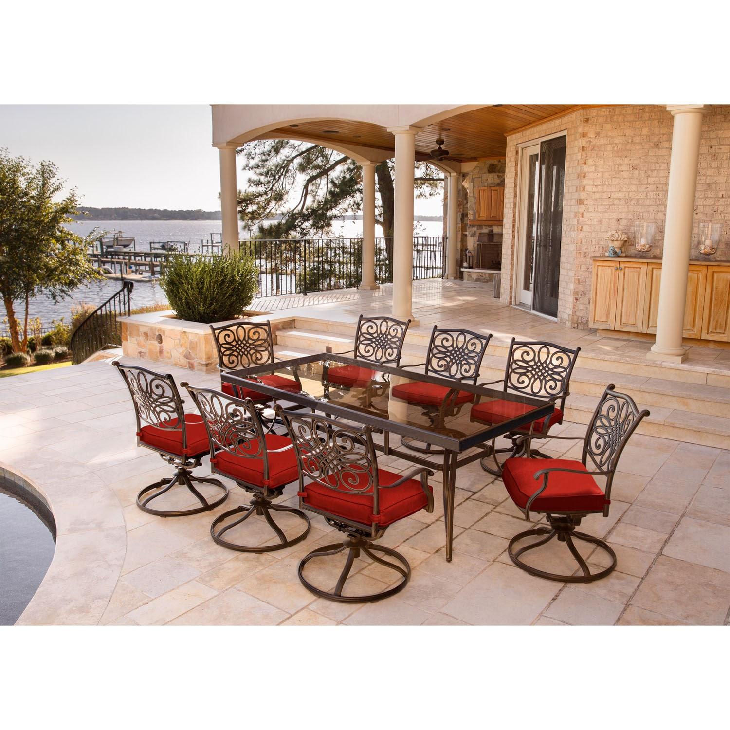 Elegant 8-Person Tempered Glass-Top Outdoor Dining Set with Red Cushions