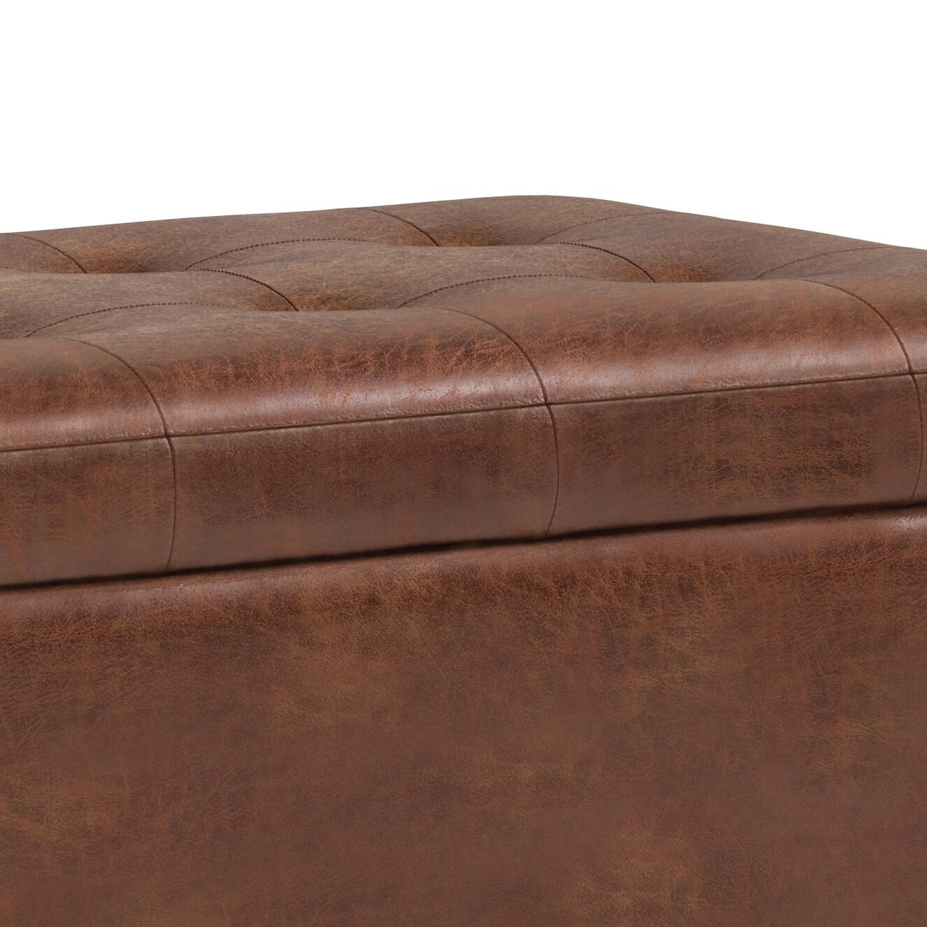 Simpli Home Cosmopolitan 34"W Upholstered Storage Ottoman with Tufted Design and Large Interior Storage