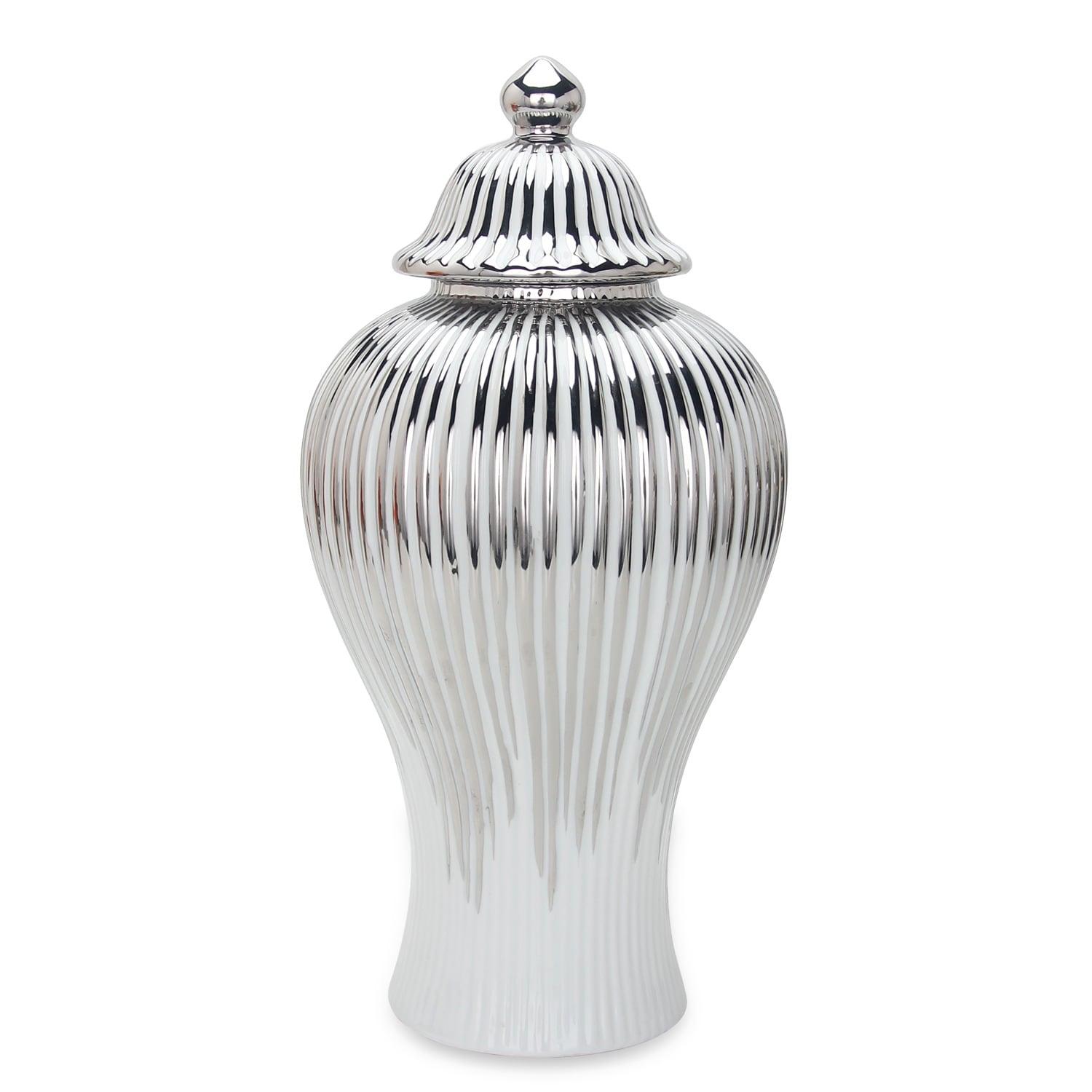Beloved Ceramic White and Silver Ginger Jar Vase with Lid