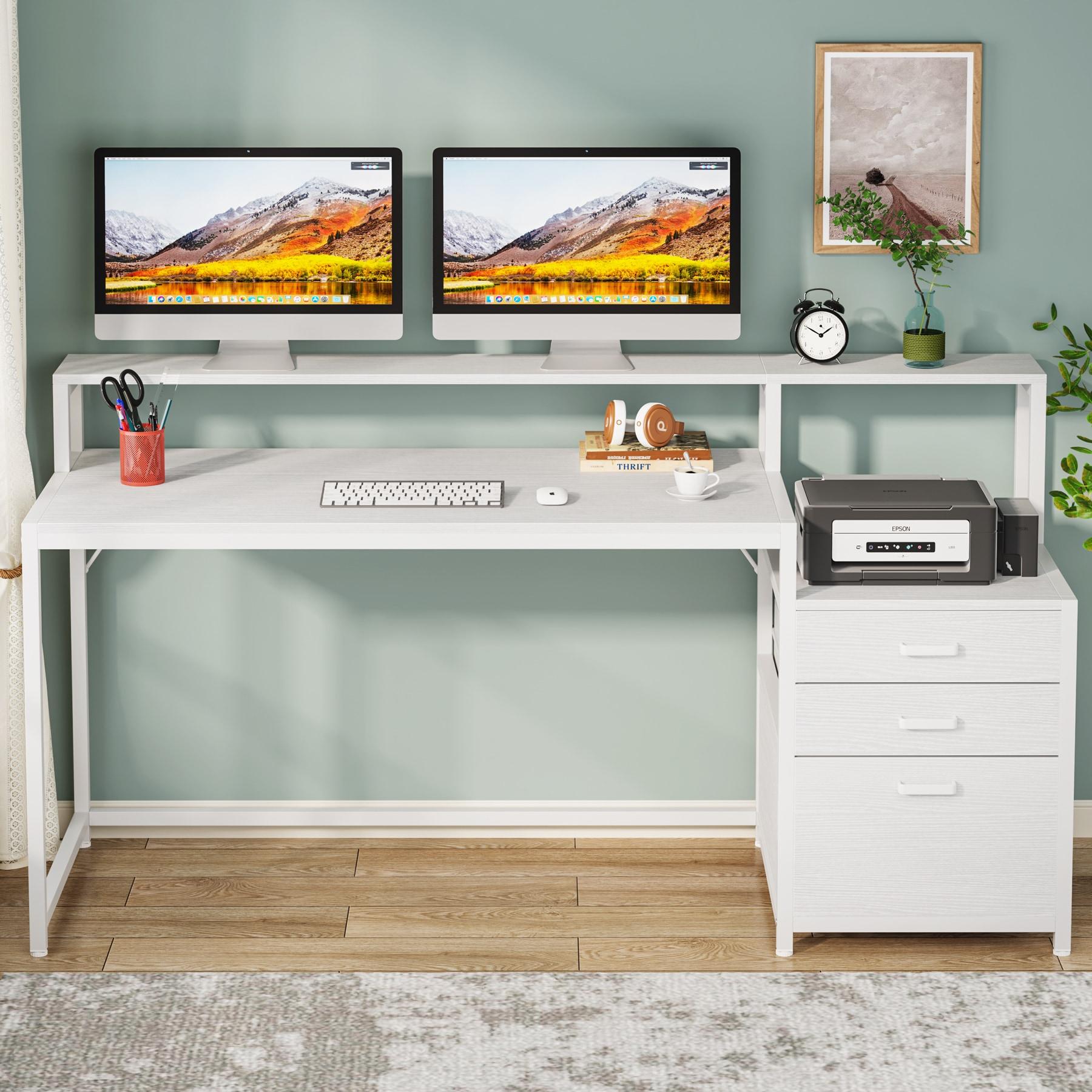 White Wood 63" Computer Desk with Drawers and Filing Cabinet