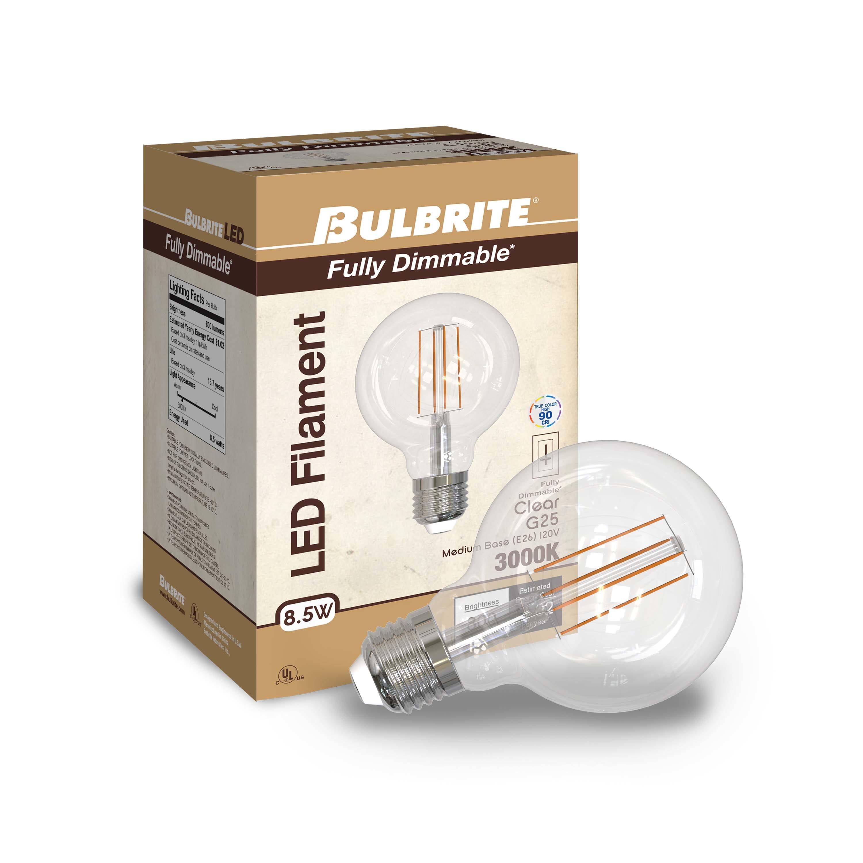 Bulbrite Set of 2 8.5W 60W Equivalent G25 LED Dimmable Light Bulbs 3000K E26