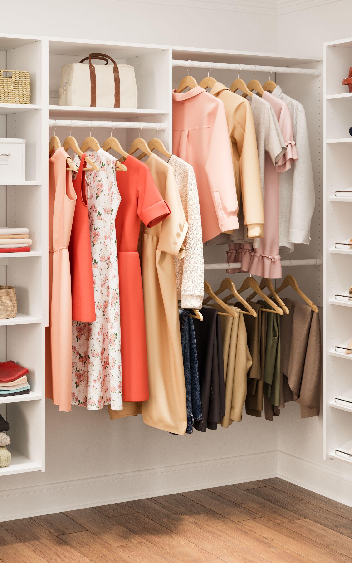 White Composite Wood Hanging Closet Organizer with Shelves and Rods