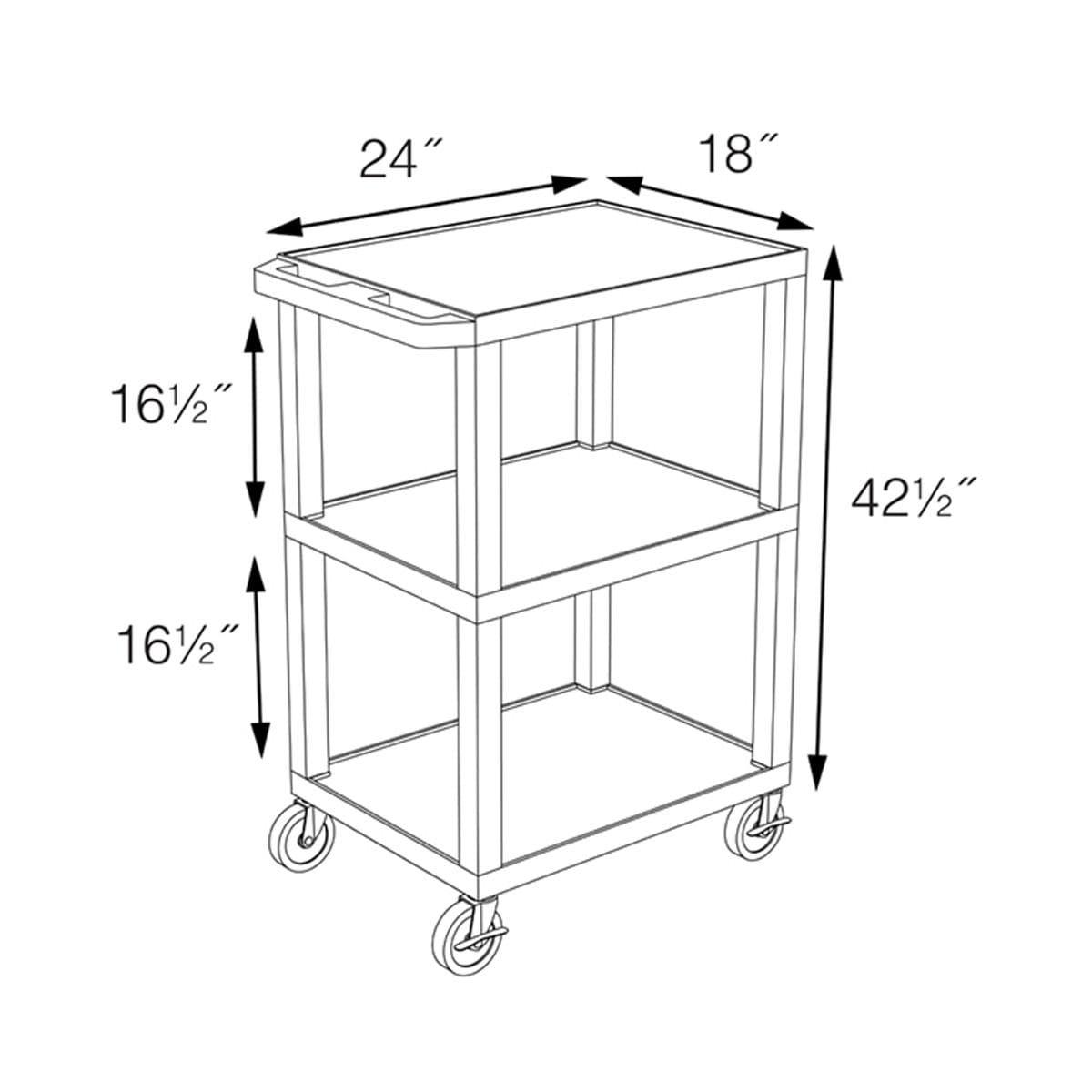 Black 42"H 3-Shelf Utility Cart with Pullout Tray