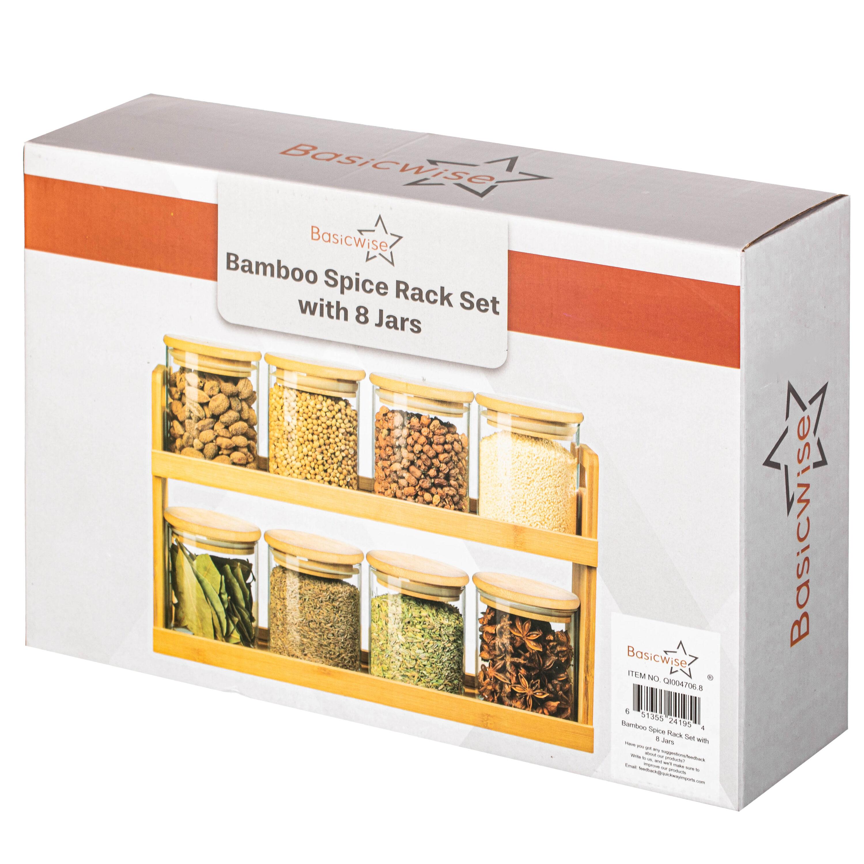 Basicwise 2-Tier Bamboo Spice Rack & Pantry Organizer with 8 Glass Jars.Perfect for Storage in Kitchens to Keep Seasoning Containers Neatly Displayed