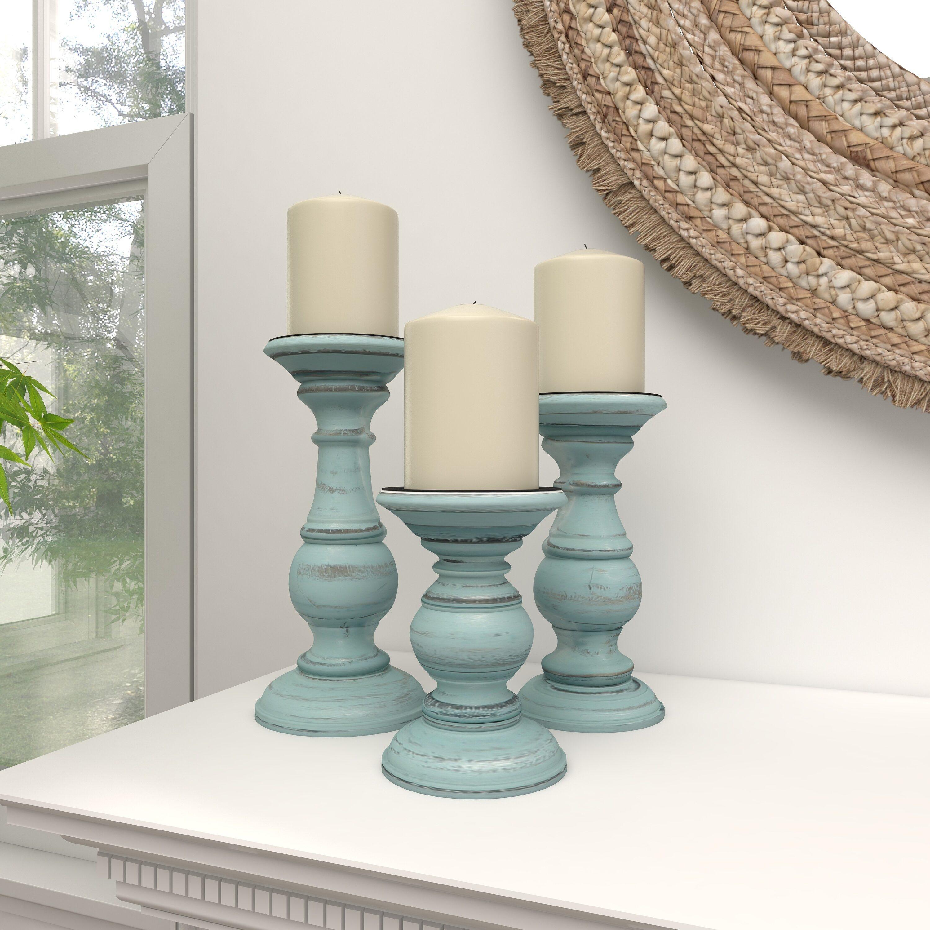 DecMode Traditional and Timeless Mango Wood Pillar Candle Holder Set of 3, 6", 8", 10"H, Light Blue Finish