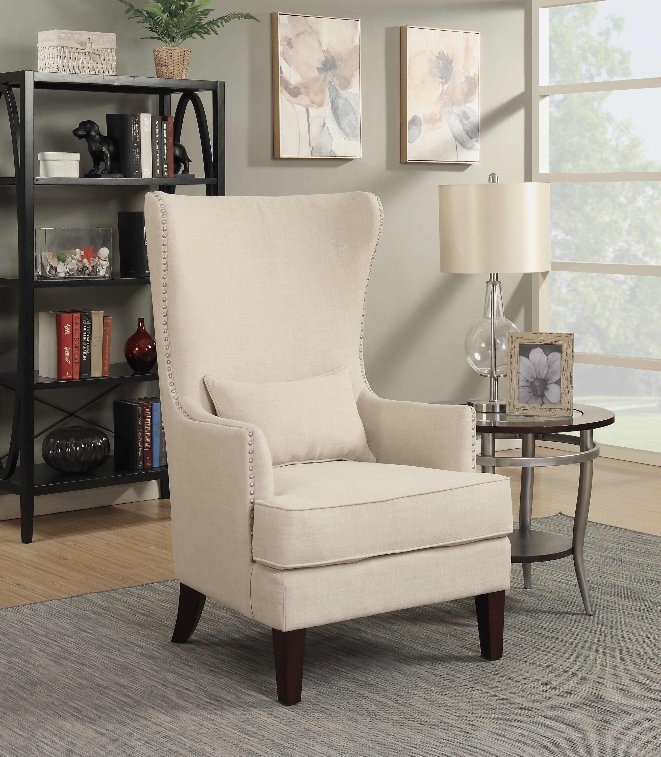 Karson High Back Upholstered Chair Natural: Picket House Furnishings, Espresso Legs, Studded Trim