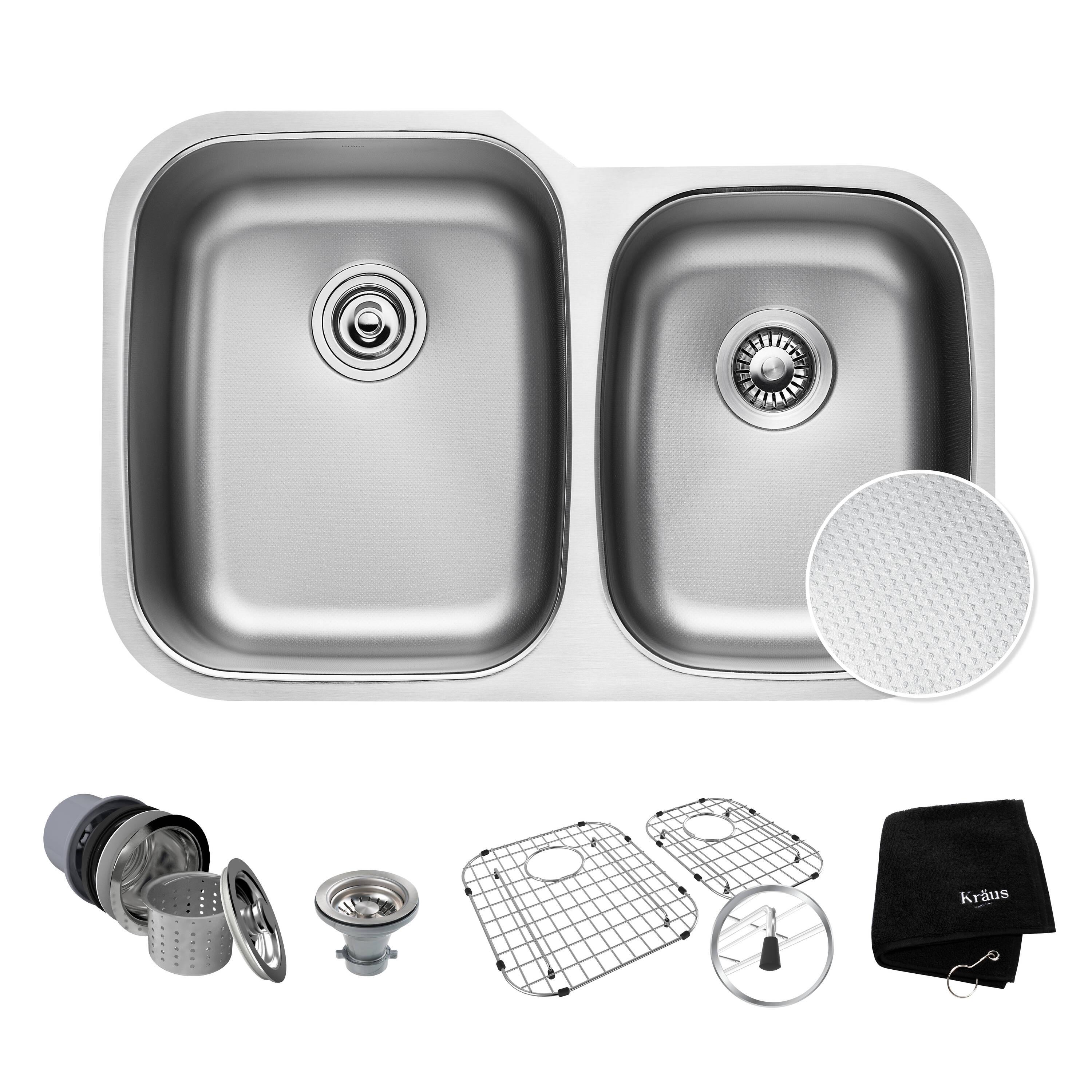 KRAUS Outlast MicroShield™ Scratch-Resist Stainless Steel Undermount 60/40 Double Bowl Sink, 32" L 16 Gauge