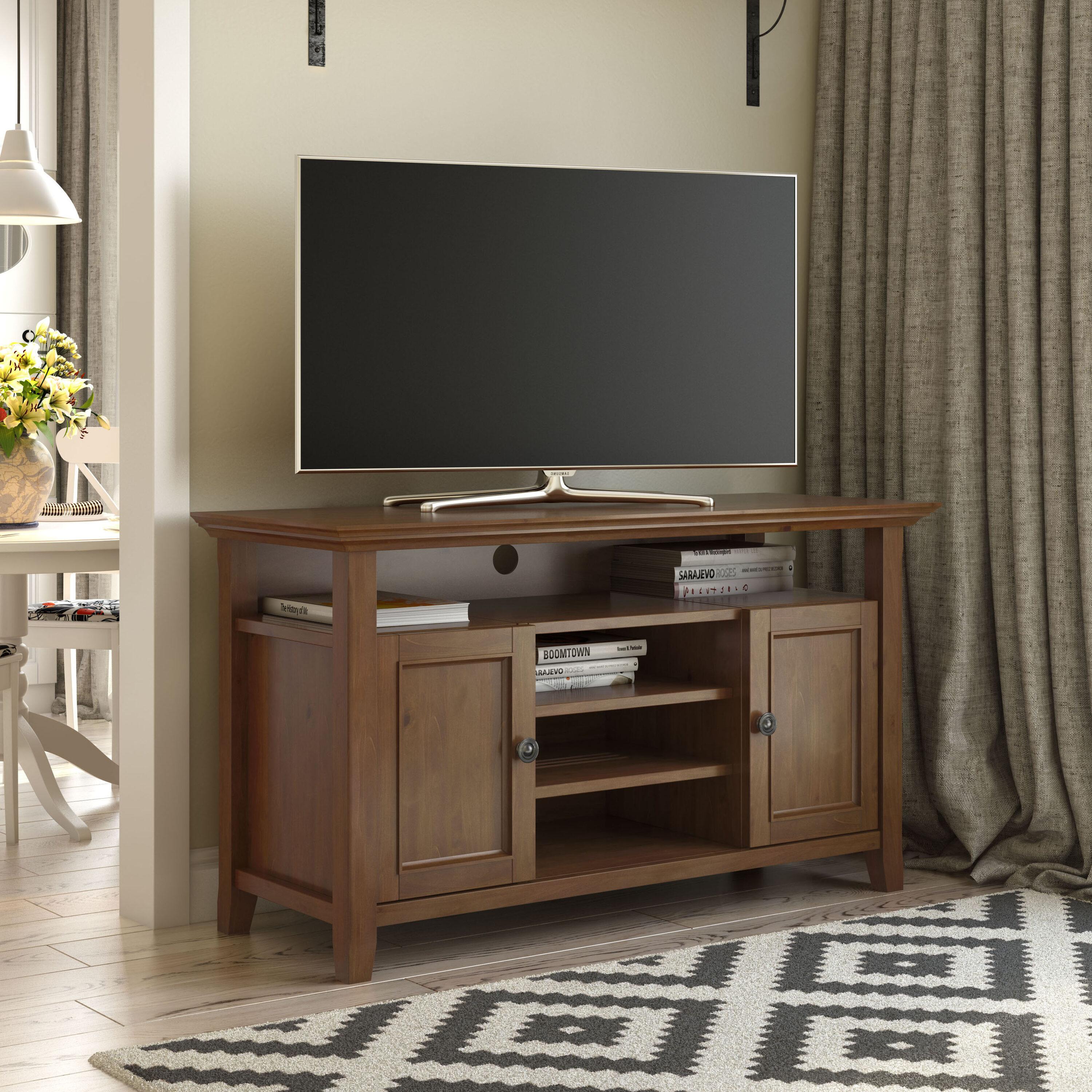 Simpli Home Amherst Wood TV Media Stand in Saddle Brown