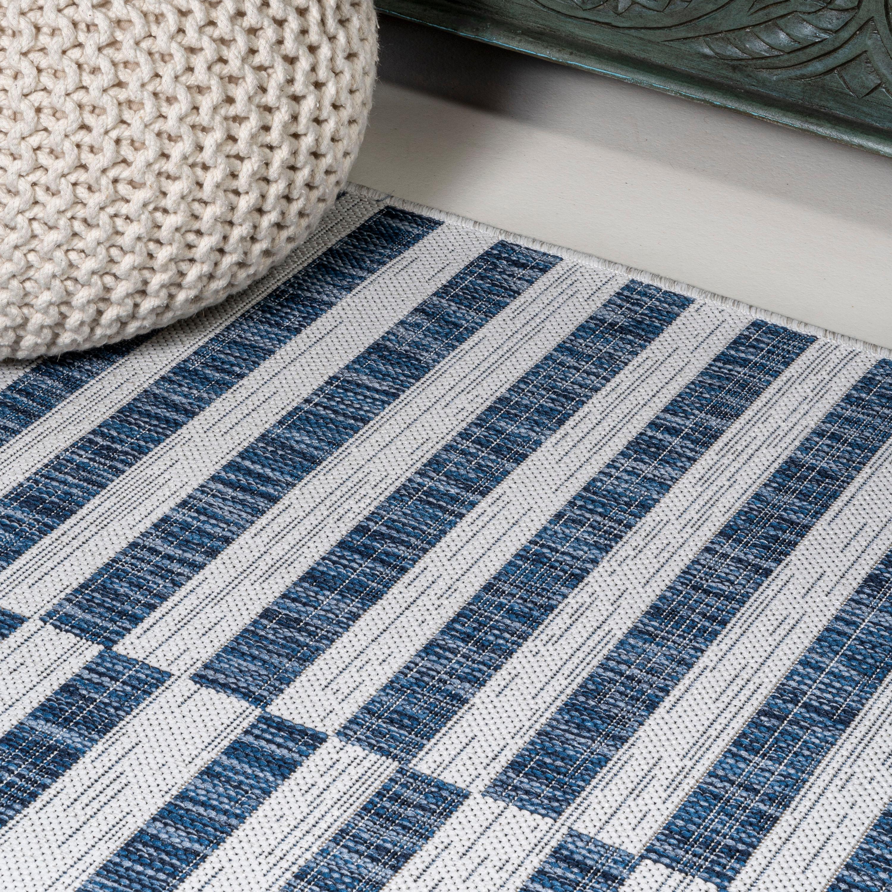 2'x8' Sukie Modern Offset Stripe Indoor/Outdoor Runner Rug, Ivory/Blue - JONATHAN Y