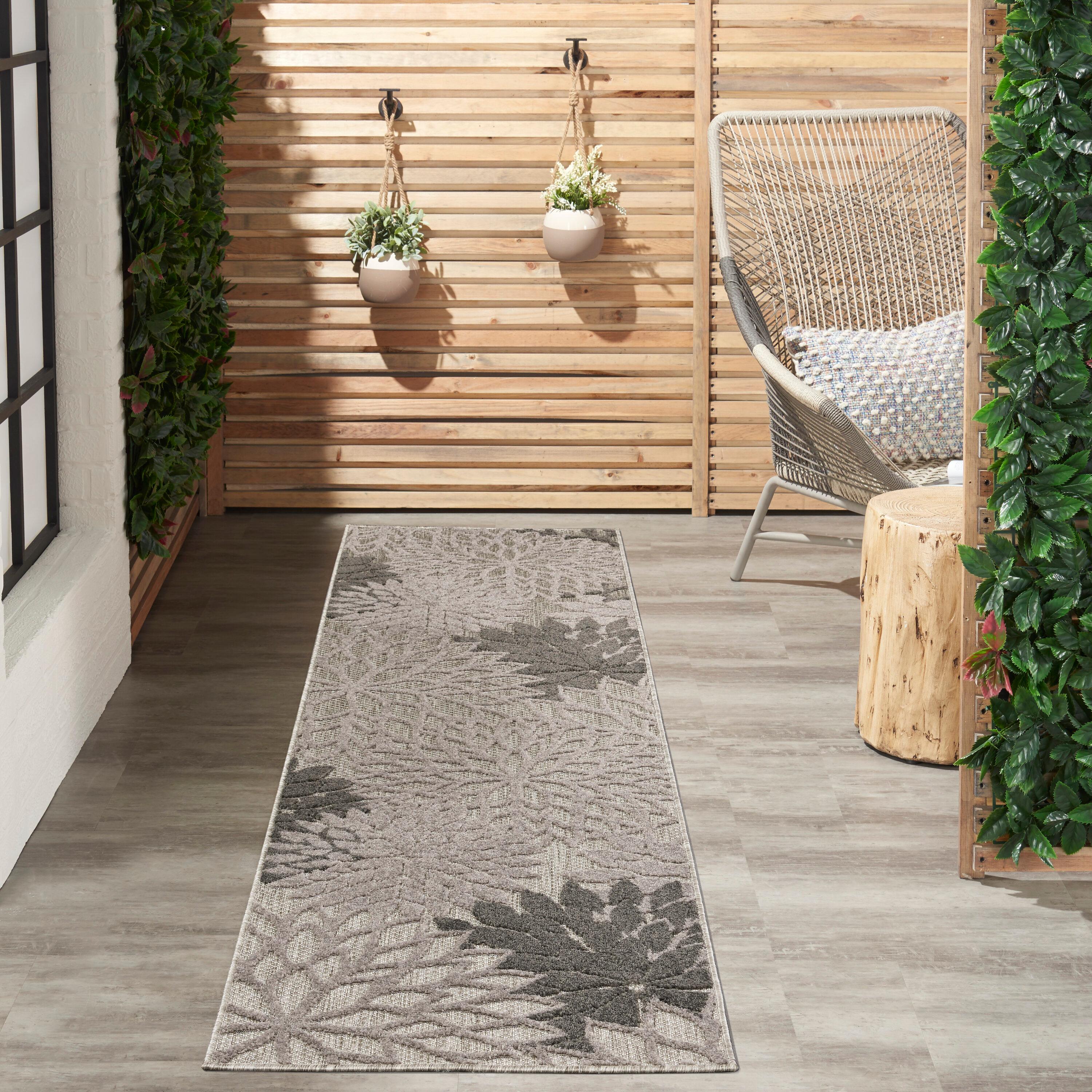 Nourison Aloha Floral Bloom Flatweave High-Low Indoor Outdoor Runner Rug Silver Grey 2'3" x 12'