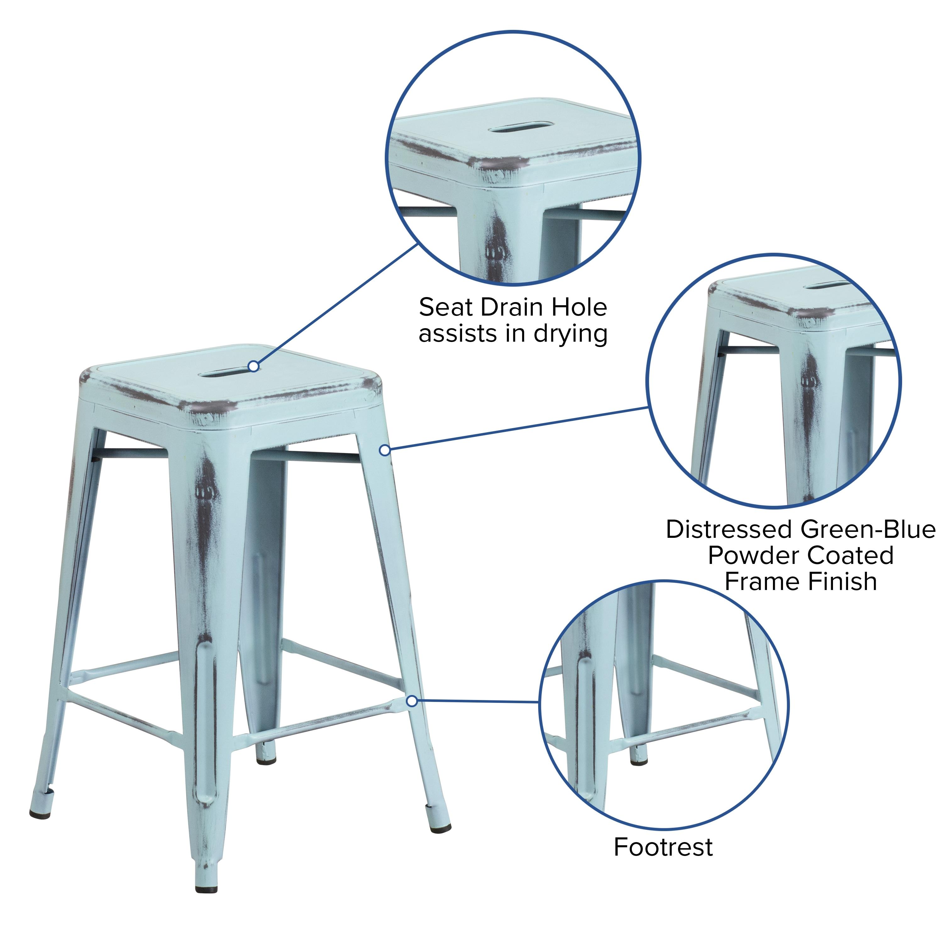 Flash Furniture Kai Commercial Grade 24" High Backless Distressed Green-Blue Metal Indoor-Outdoor Counter Height Stool