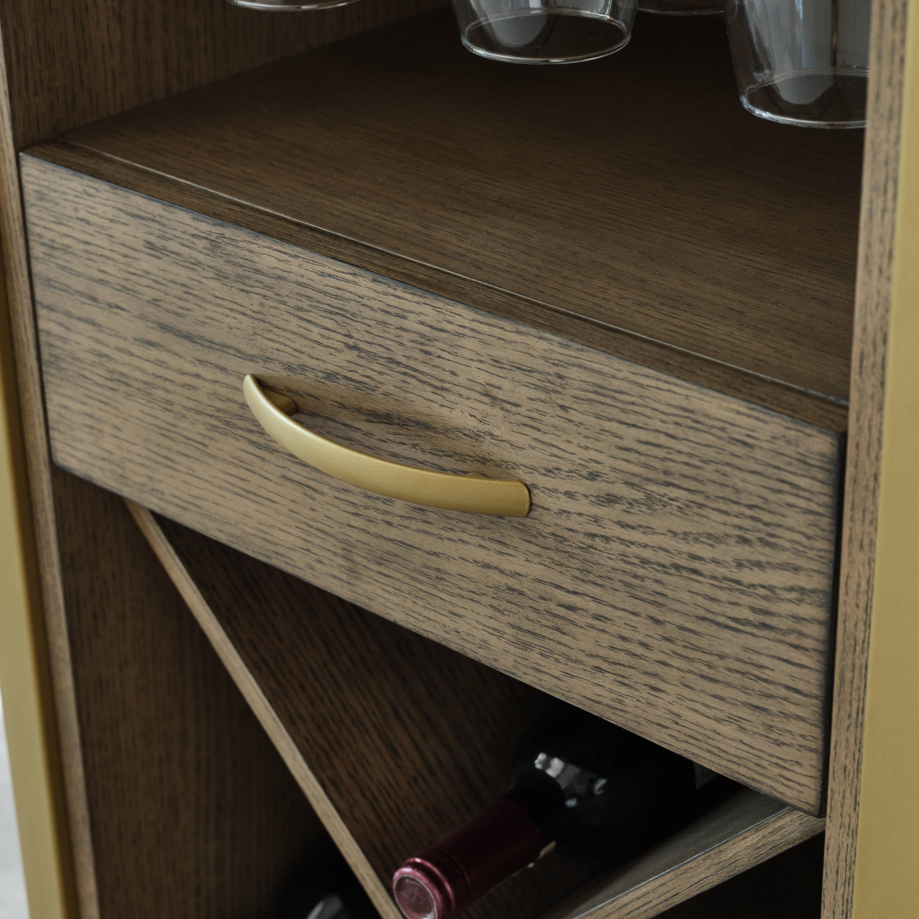 Leick Home Leah Mini Bar Cabinet for Stemware and Bottle Storage, Dune and Gold