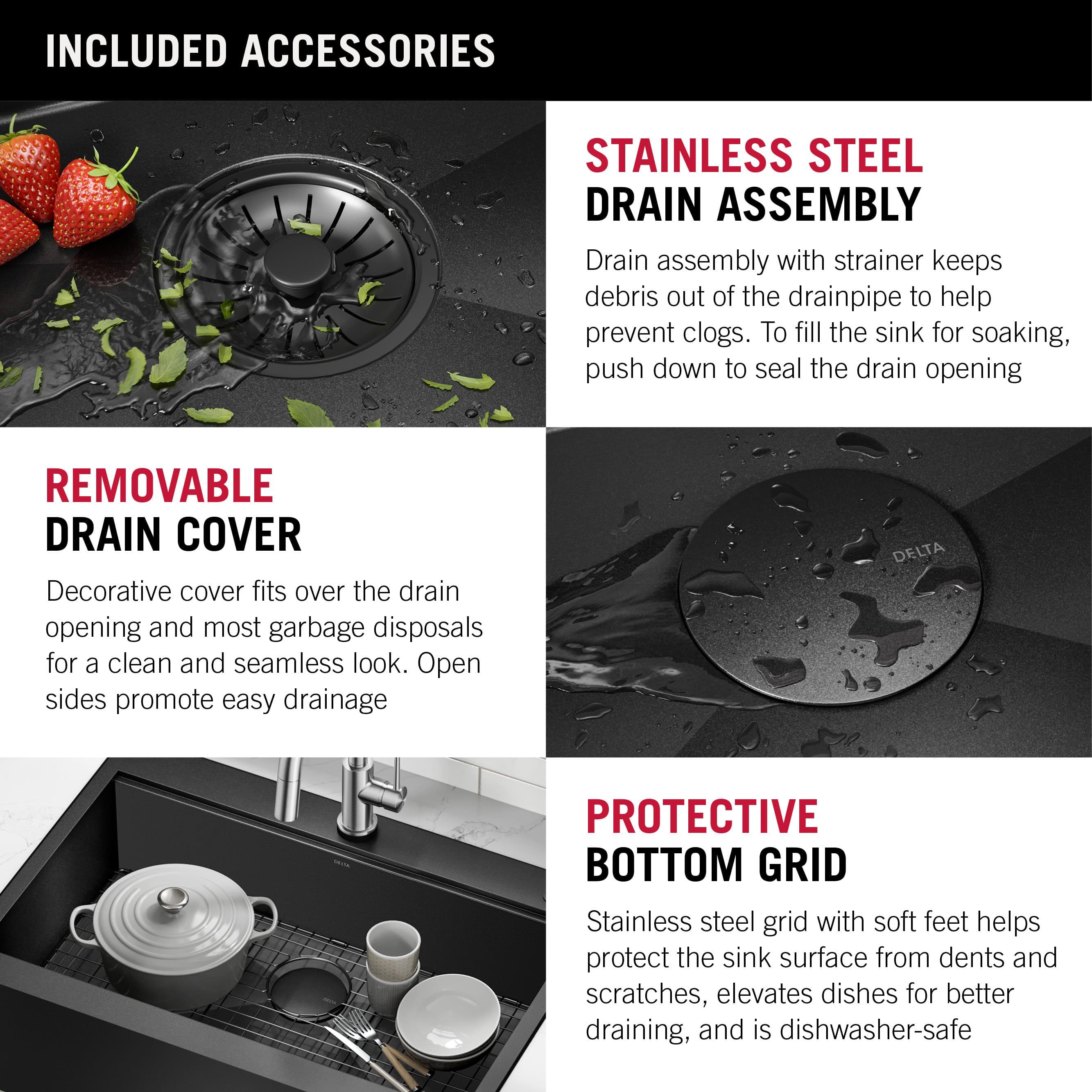 Delta Rivet™ Black Stainless Steel Retrofit Farmhouse Apron Front 16 Gauge Workstation Kitchen Sink Single Bowl