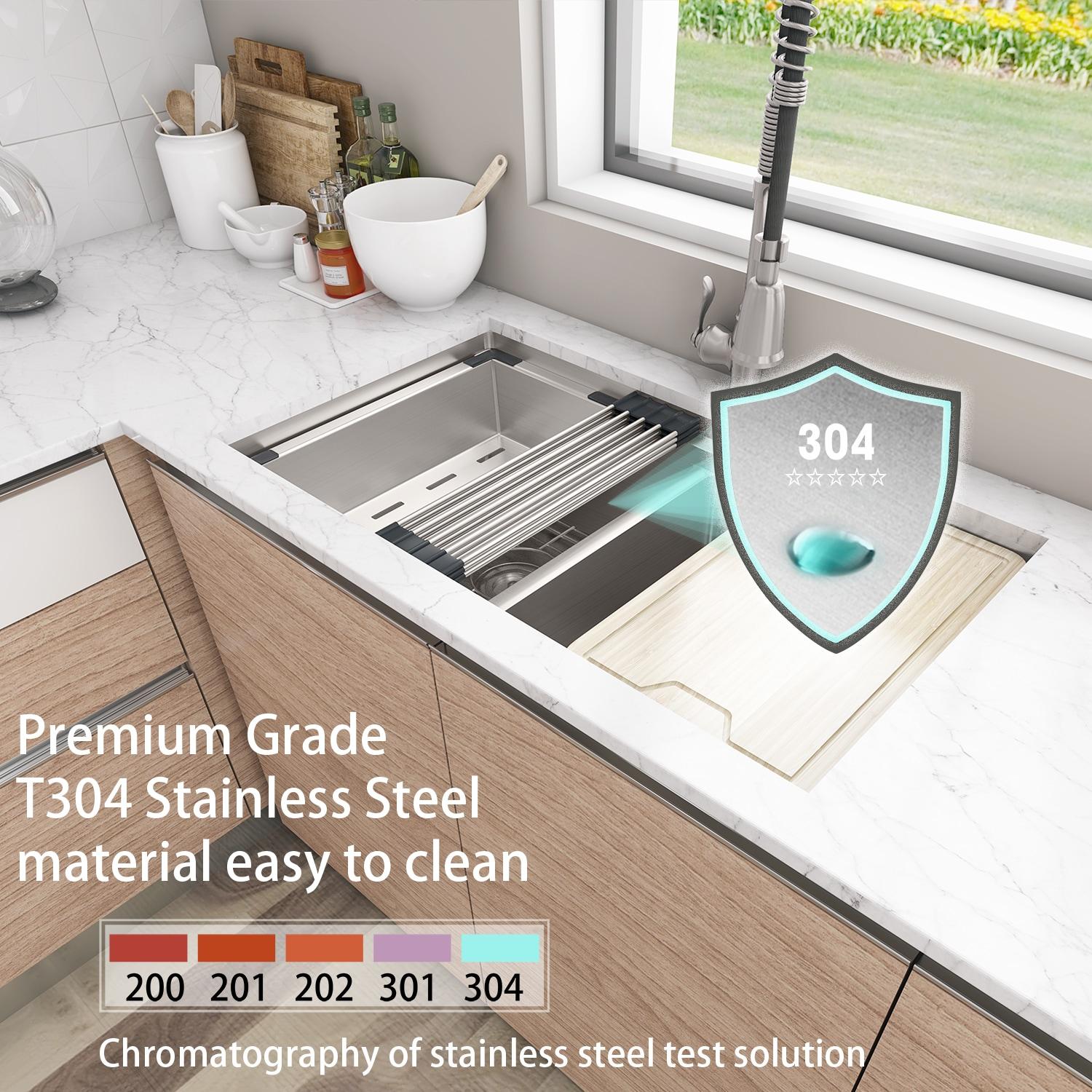 Sinber 33" Undermount Double Bowl Workstation Kitchen Sink with 304 Stainless Steel