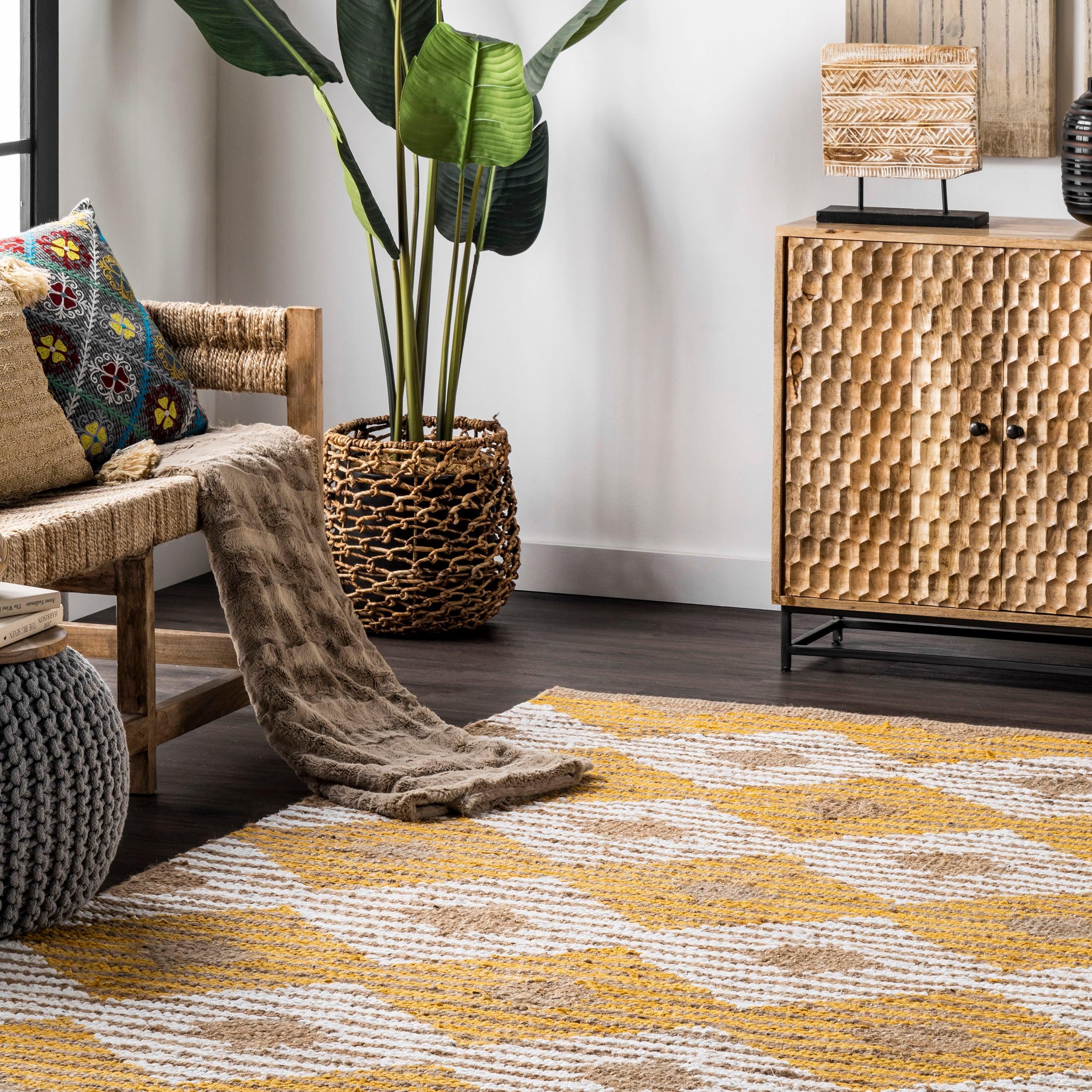 nuLOOM Hand Braided Marla Denim And Jute Diamonds Area Rug, 3' x 5', Yellow