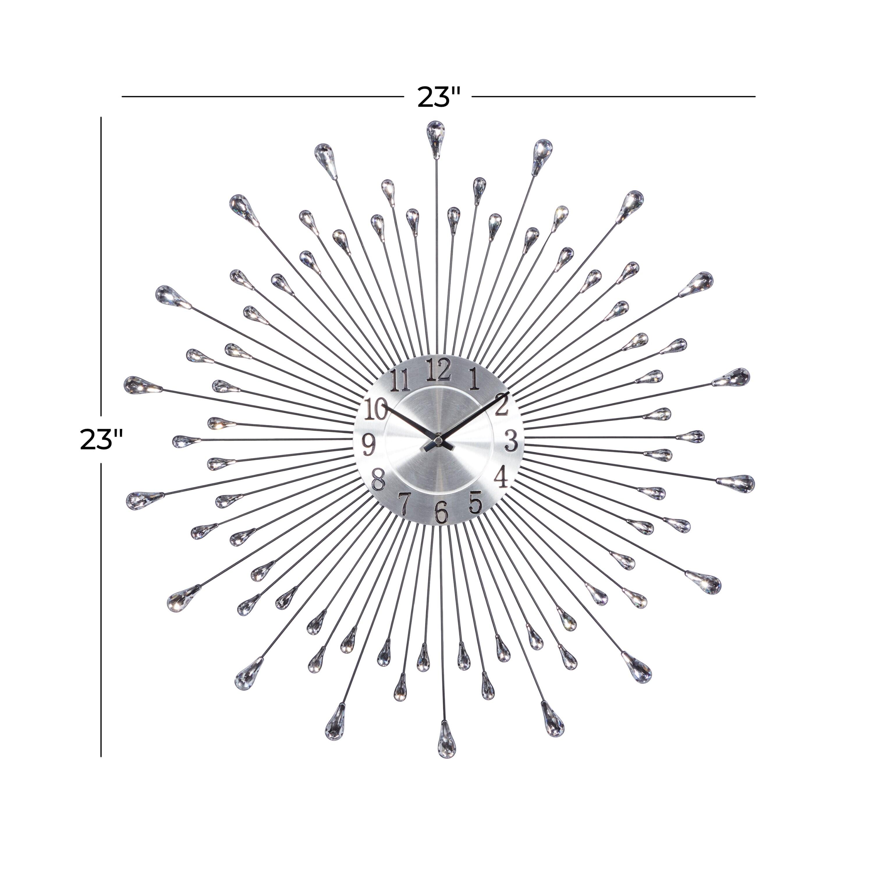 DecMode 23" Silver Metal Starburst Wall Clock with Crystal Embellishment