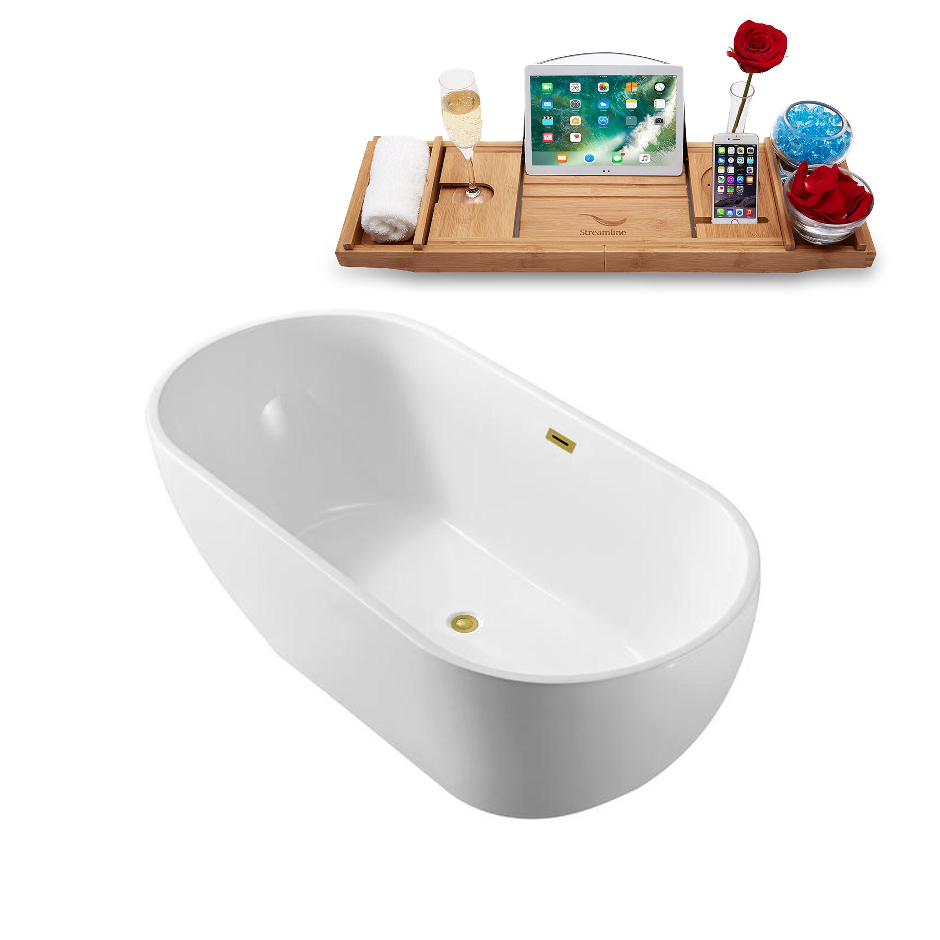 60" Streamline Freestanding Soaking Acrylic Bathtub With Drain and Bamboo Tray