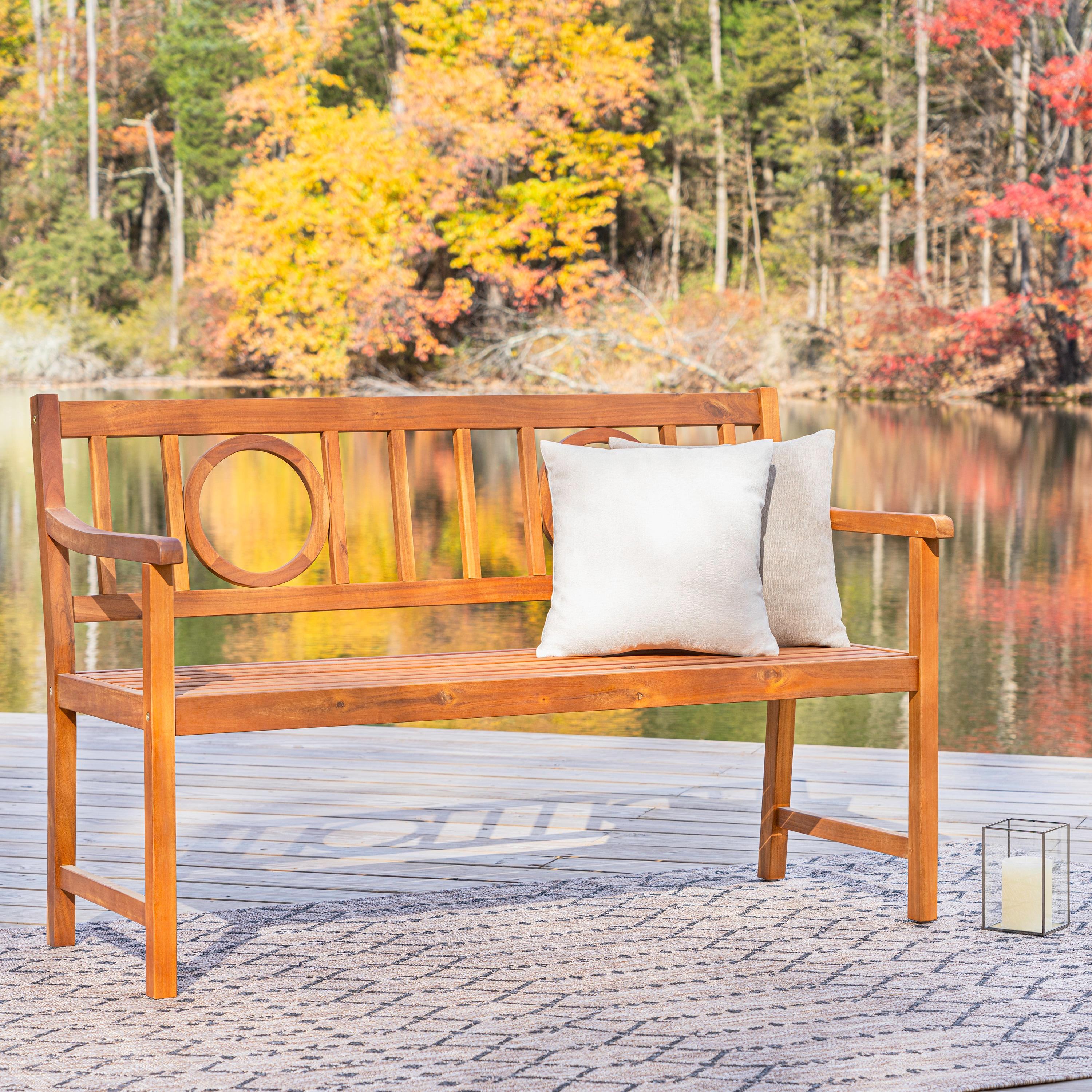 Apollo 3-Seat Circle-Back Acacia Wood Outdoor Garden Patio Bench, Teak - JONATHAN Y