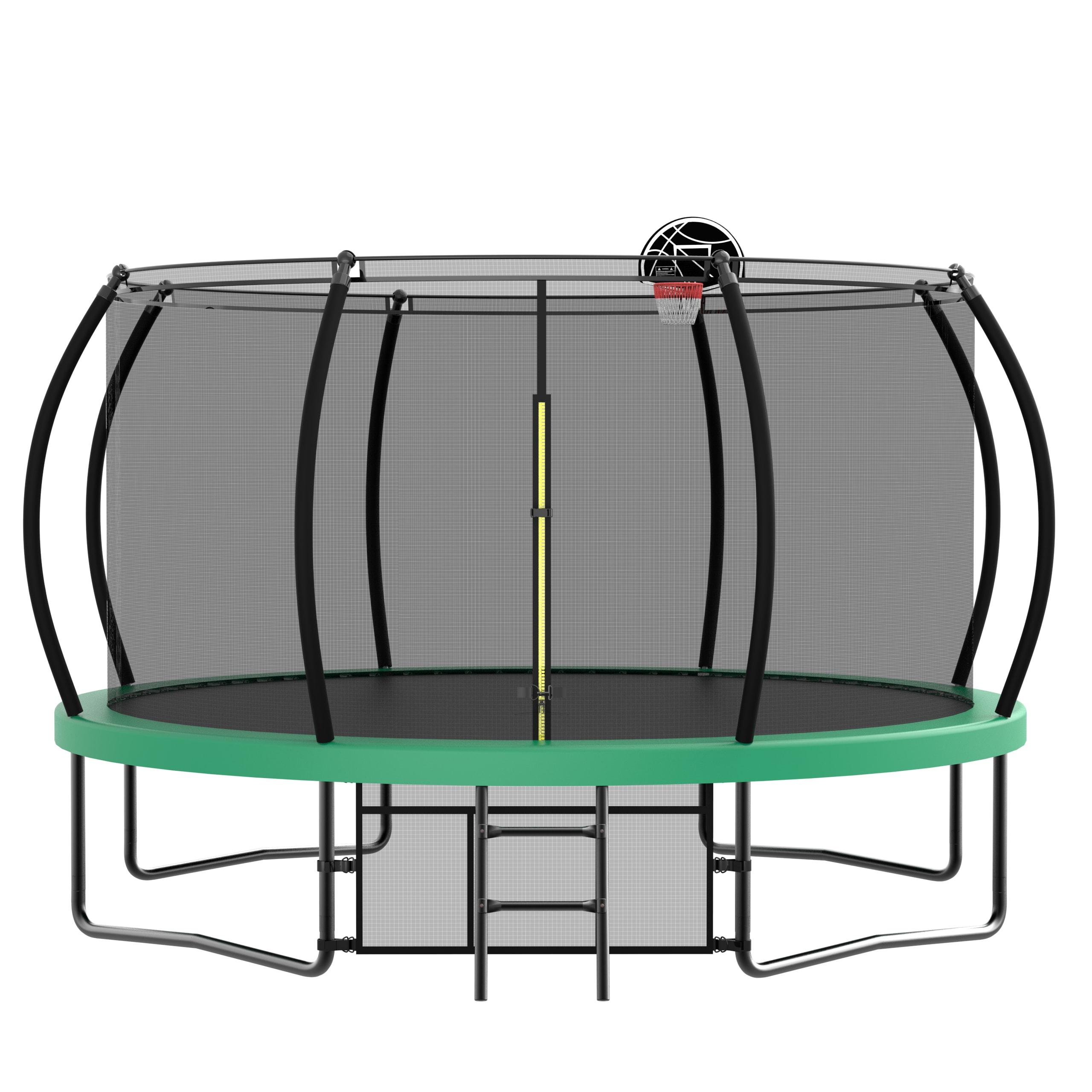12FT Round Trampoline with Basketball Hoop for Kids, Outdoor Recreational Trampolines with Safety Enclosure Net & Ladder, 880 LBS Weight Capacity, Green