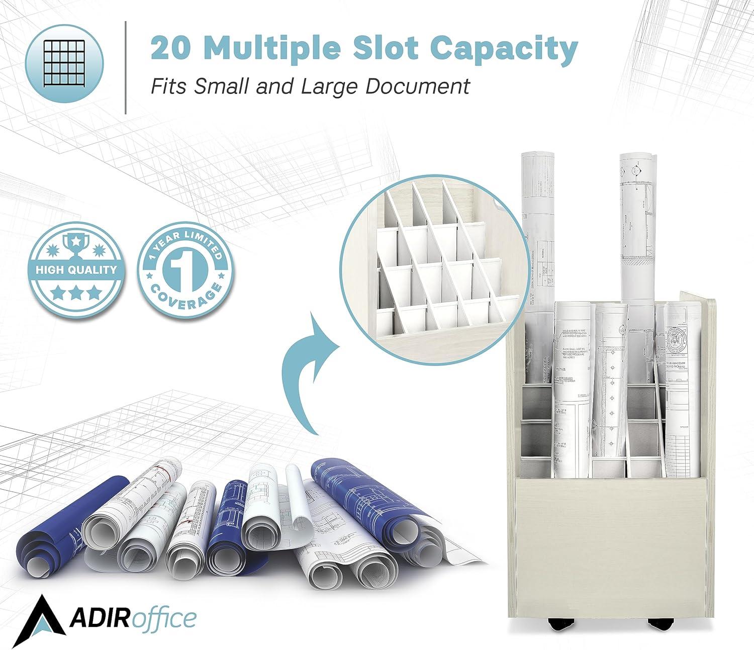 20-Slot Mobile Rolling Wood Blueprint Roll File Large Document Organizer