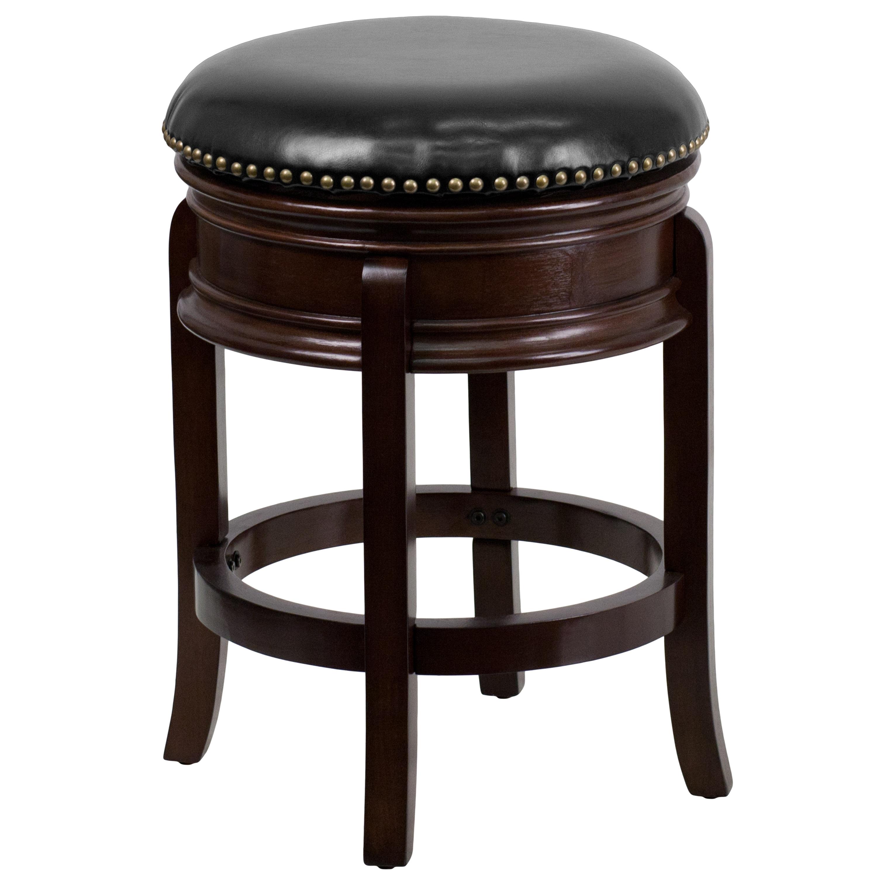 Flash Furniture 24'' High Backless Cappuccino Wood Counter Height Stool with Carved Apron and Black LeatherSoft Swivel Seat