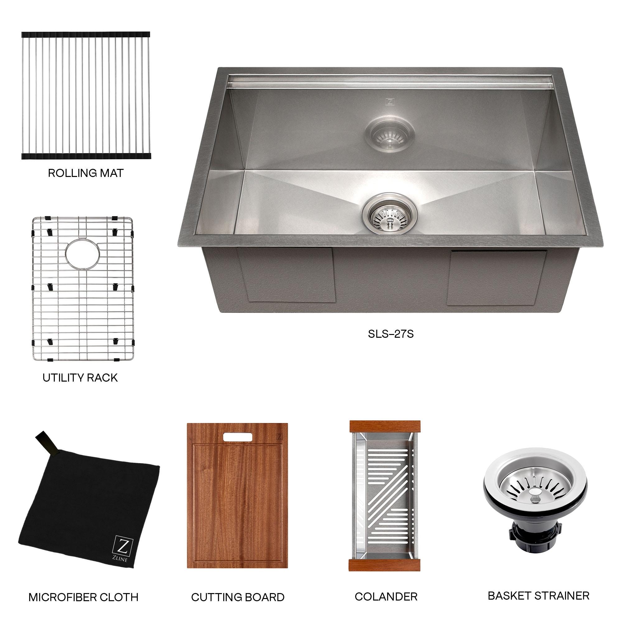 ZLINE 27 in. Garmisch Undermount Single Bowl DuraSnow Stainless Steel Kitchen Sink W/ Bottom Grid & Accessories (SLS-27S)