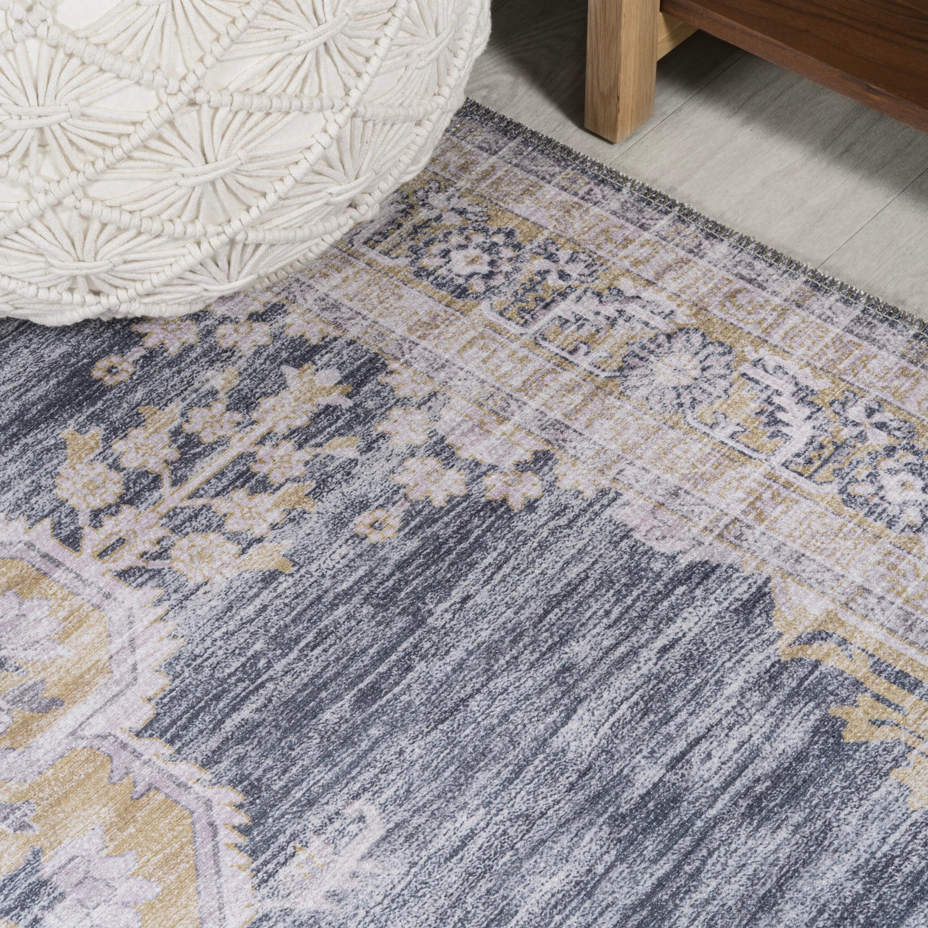 Wincer Chenille Cottage Medallion Machine-Washable Dark Gray/Yellow 3 ft. x 5 ft. Area Rug - JONATHAN Y