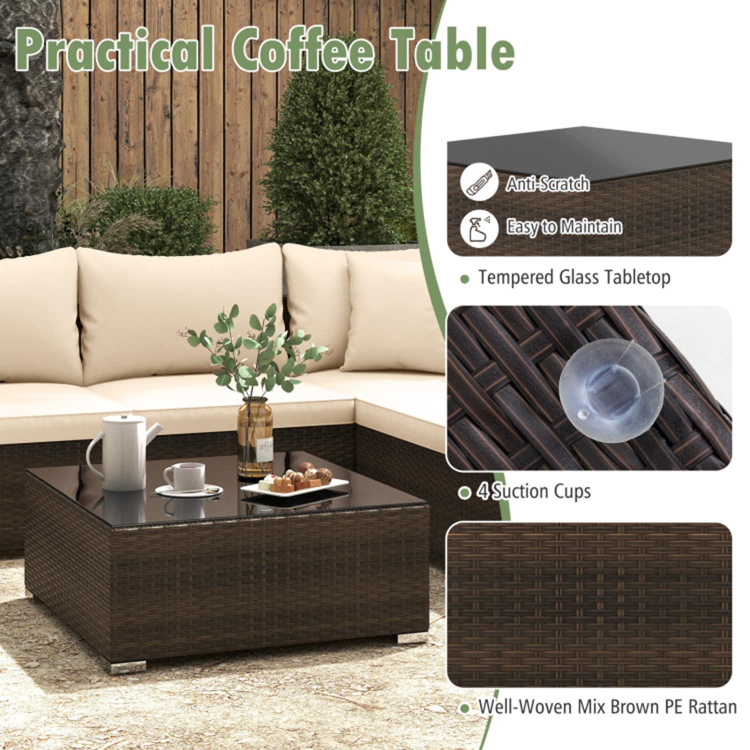 Topcobe 7 Pieces Patio Rattan Furniture Set with Sectional Sofa Cushions, Outdoor Patio Furniture-Beige