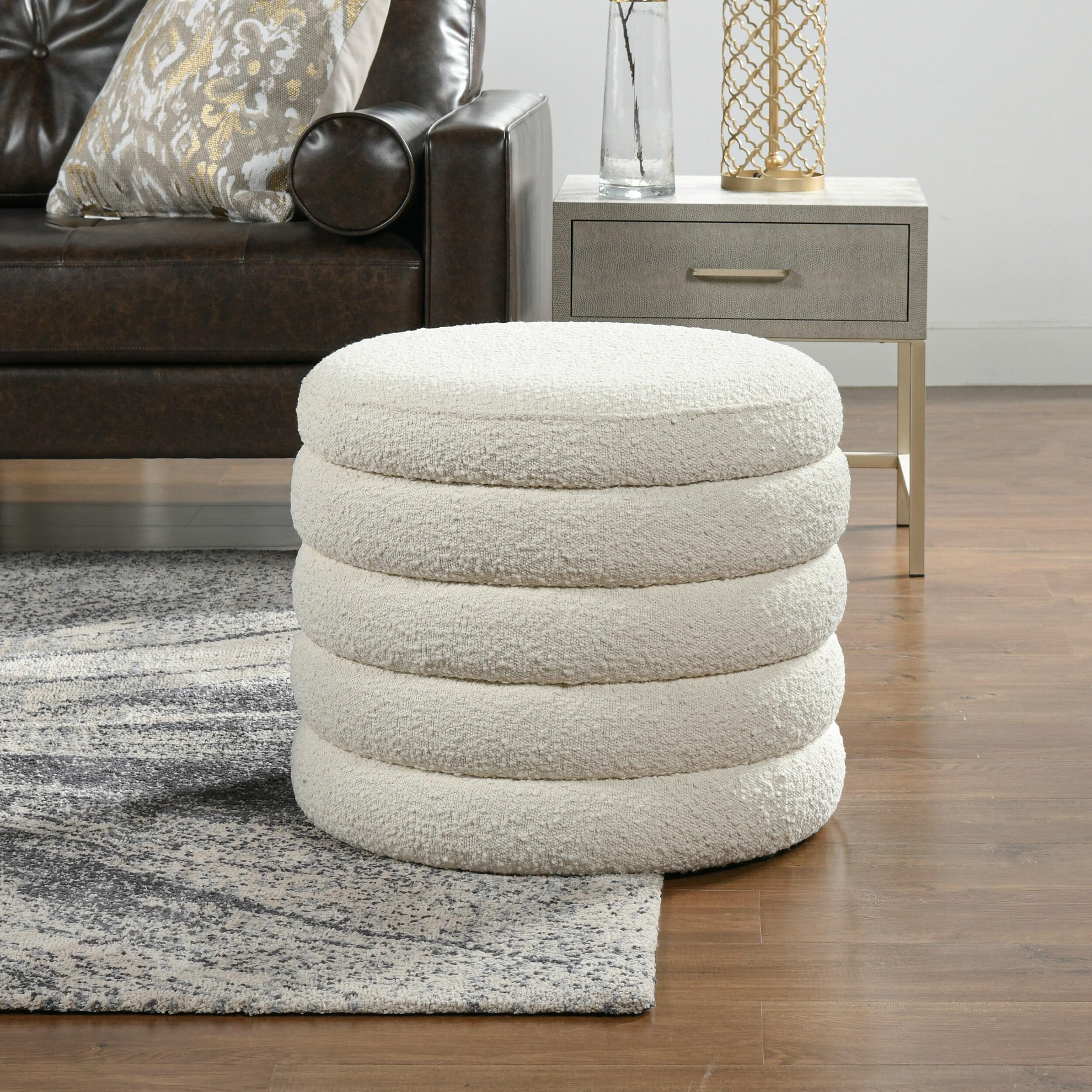 NicBex Modern 19" Round Storage Ottoman Wood Footstools with Boucle Fabric for Bedroom and Living Room, White