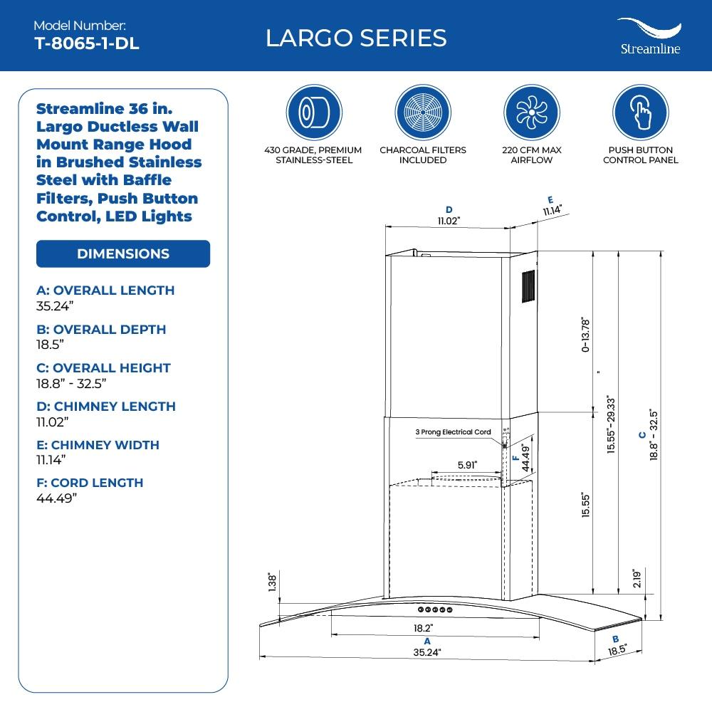 Streamline Largo 36" 220 Cubic Feet Per Minute Ductless Wall Mount Range Hood with Baffle Filter and Light Included