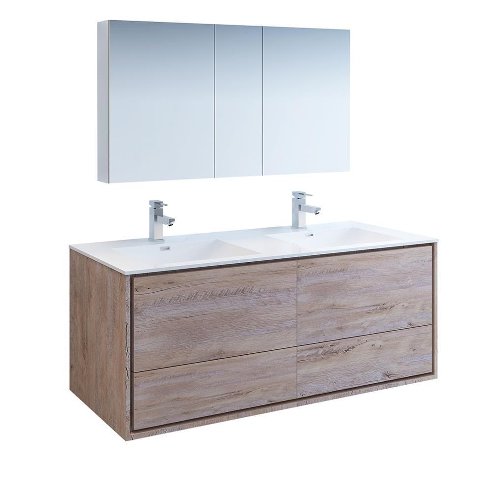 Fresca Catania 60" Wall Hung Double Sinks Wood Modern Bathroom Vanity in Natural