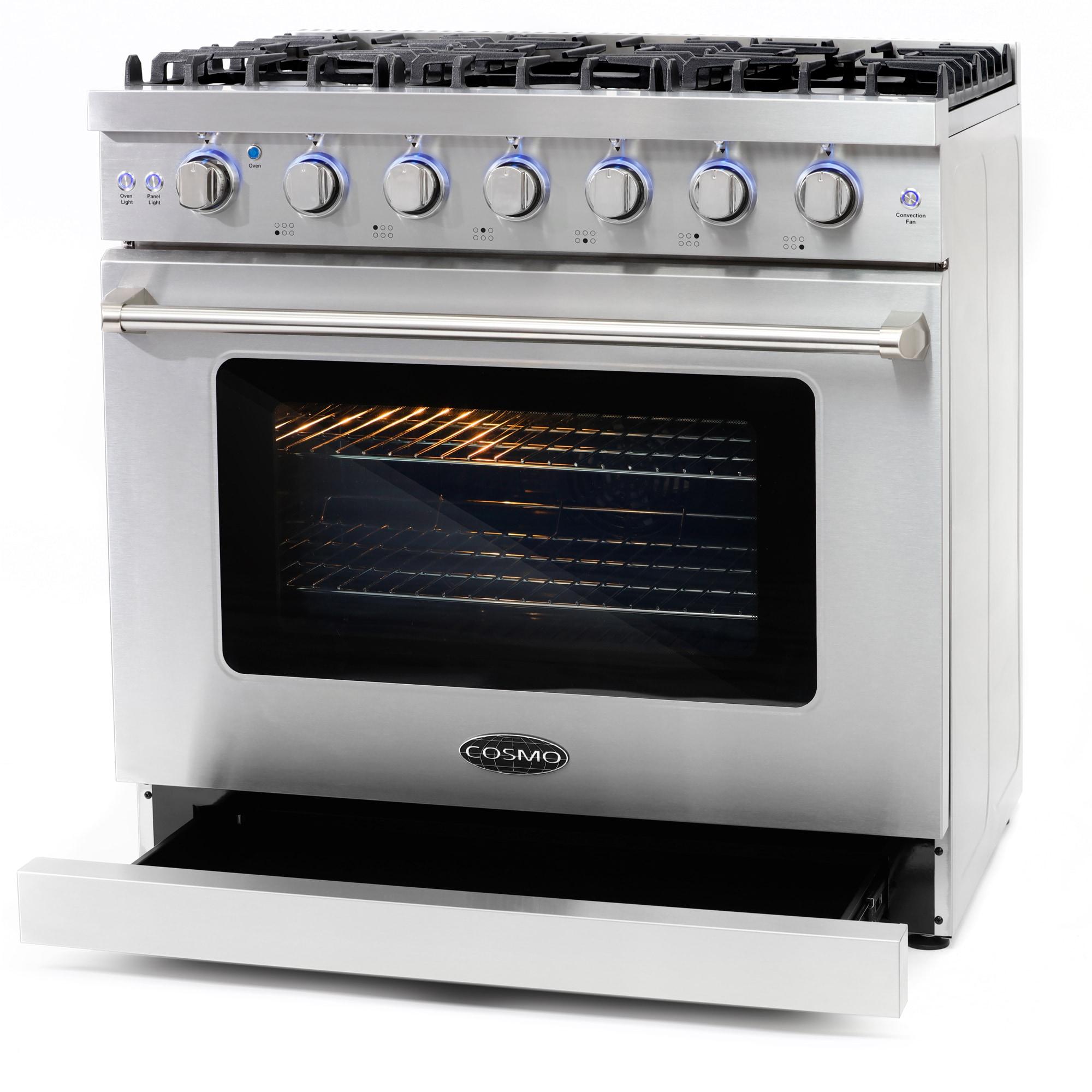 Cosmo 36 in. Haven Collection 6.0 cu. ft. Gas Range, 6 Burners, Convection Oven, Knob LEDs, Storage Drawer, Stainless Steel