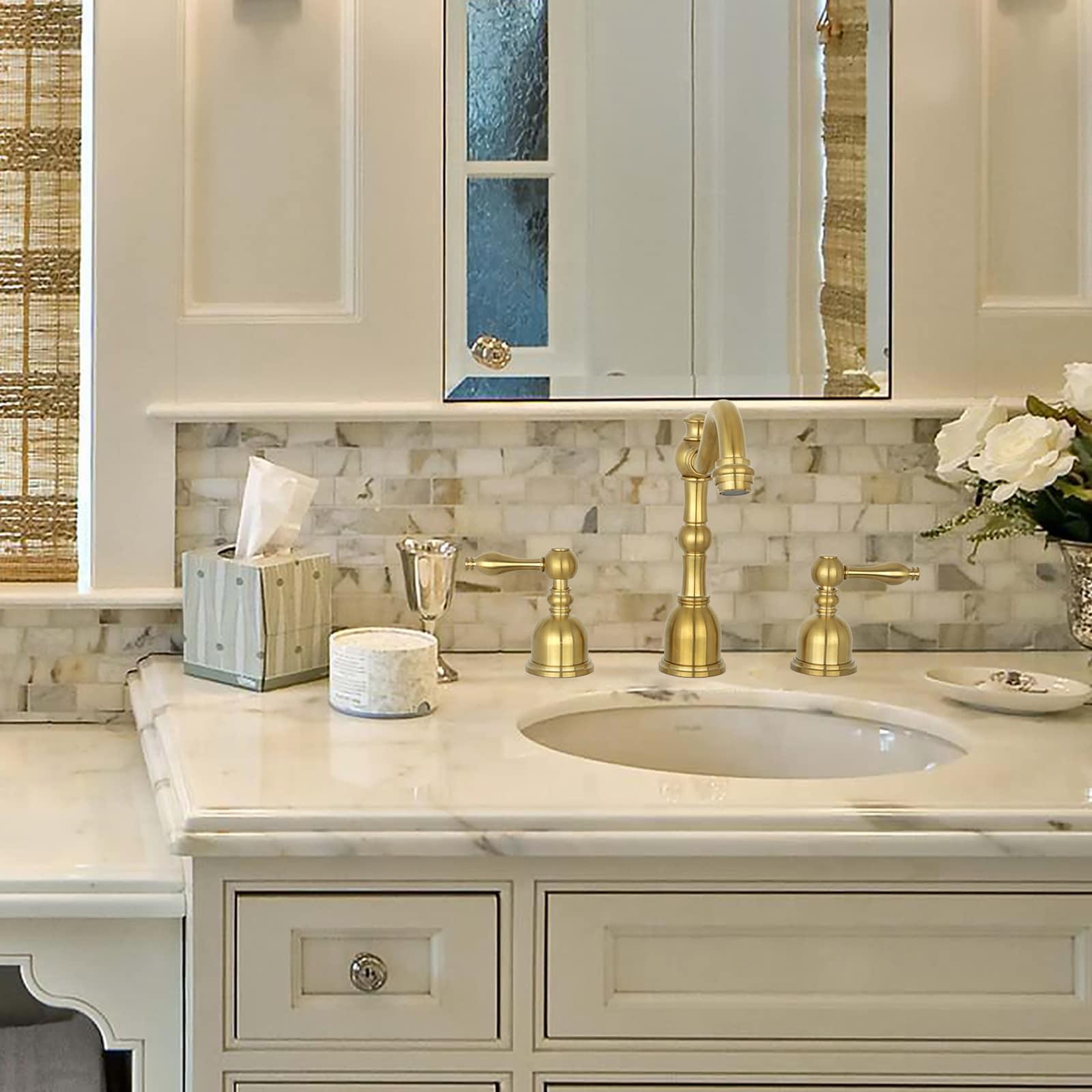 Akicon Widespread Two-handle Copper Bathroom Faucet Brushed Gold Gold Finish