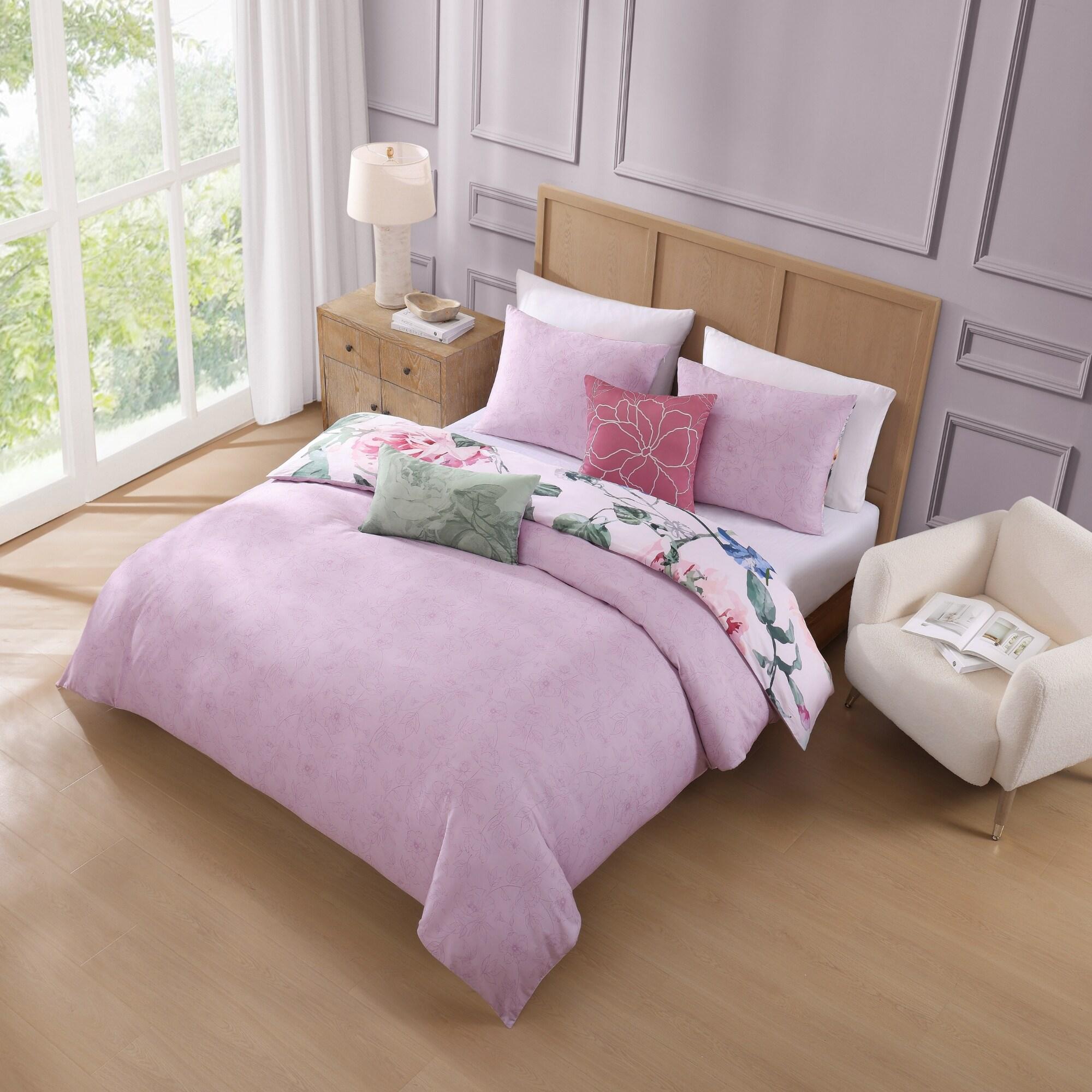 BeBeJan Bebejan Cool Pink Roses 200 Thread Count 100% Cotton Sateen 5-Piece Reversible Comforter Set