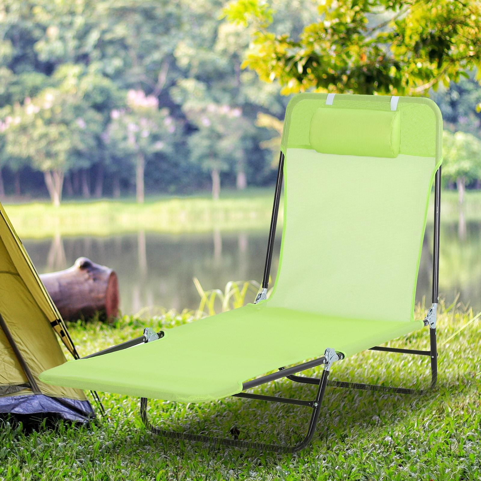 Outsunny Foldable Outdoor Chaise Lounge Chair, 5-Level Reclining Camping Tanning Chair with Breathable Mesh Fabric and Headrest, Green