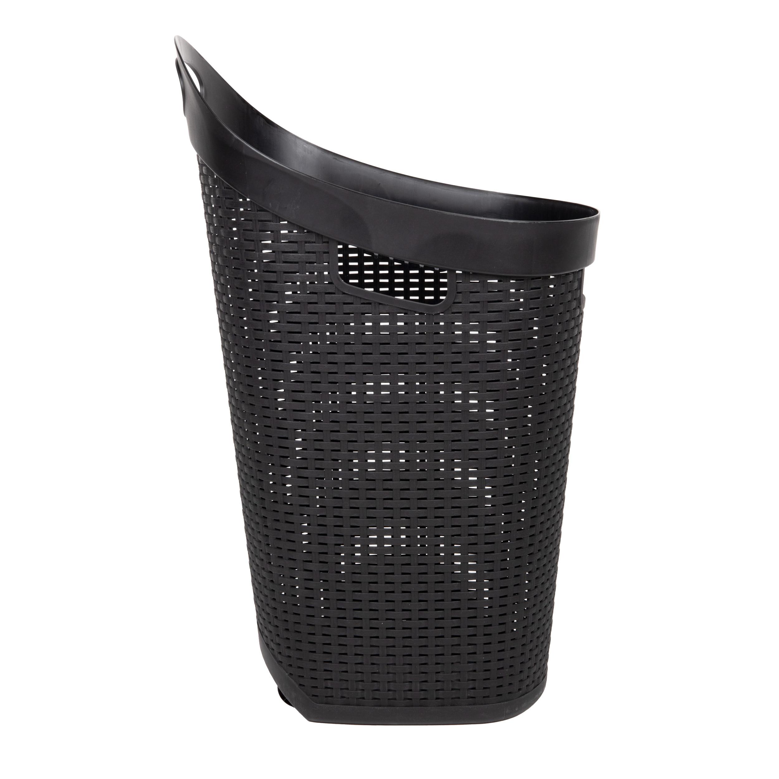 Black Plastic Wicker Style Rolling Laundry Hamper with Lid