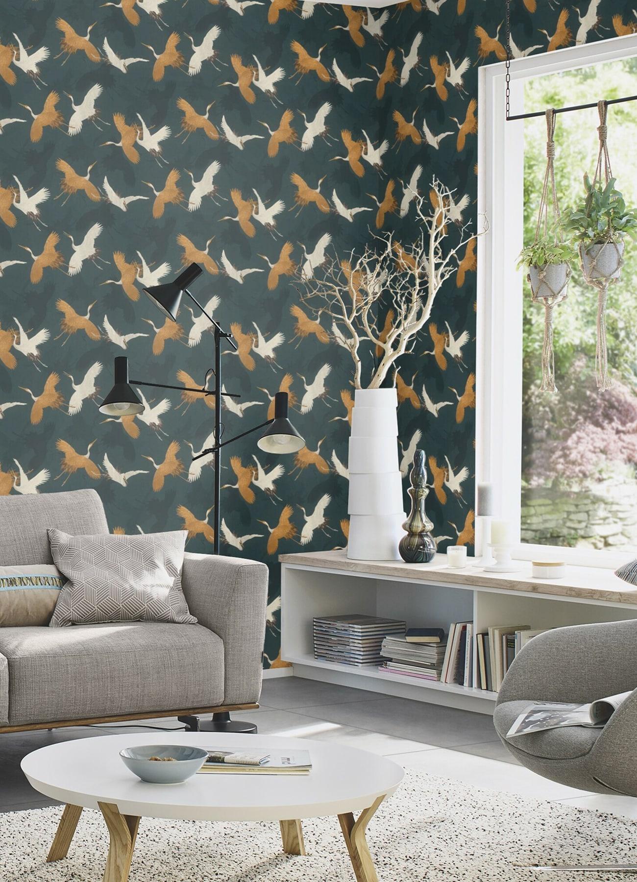 Advantage Kusama Dark Blue Crane Wallpaper