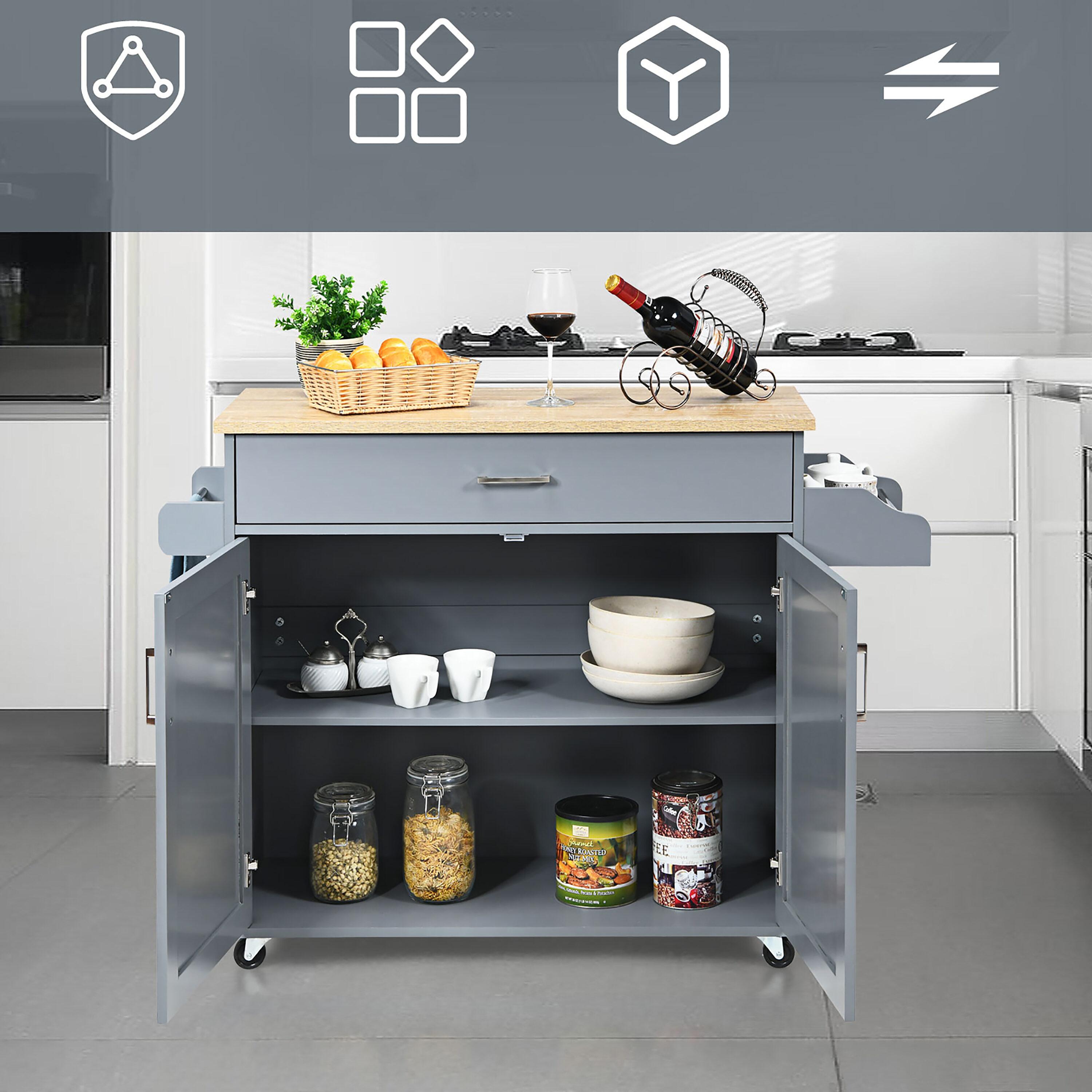 Costway Kitchen Island 44" Rolling Kitchen Cart with Drawer Adjustable Shelf Spice Rack Gray
