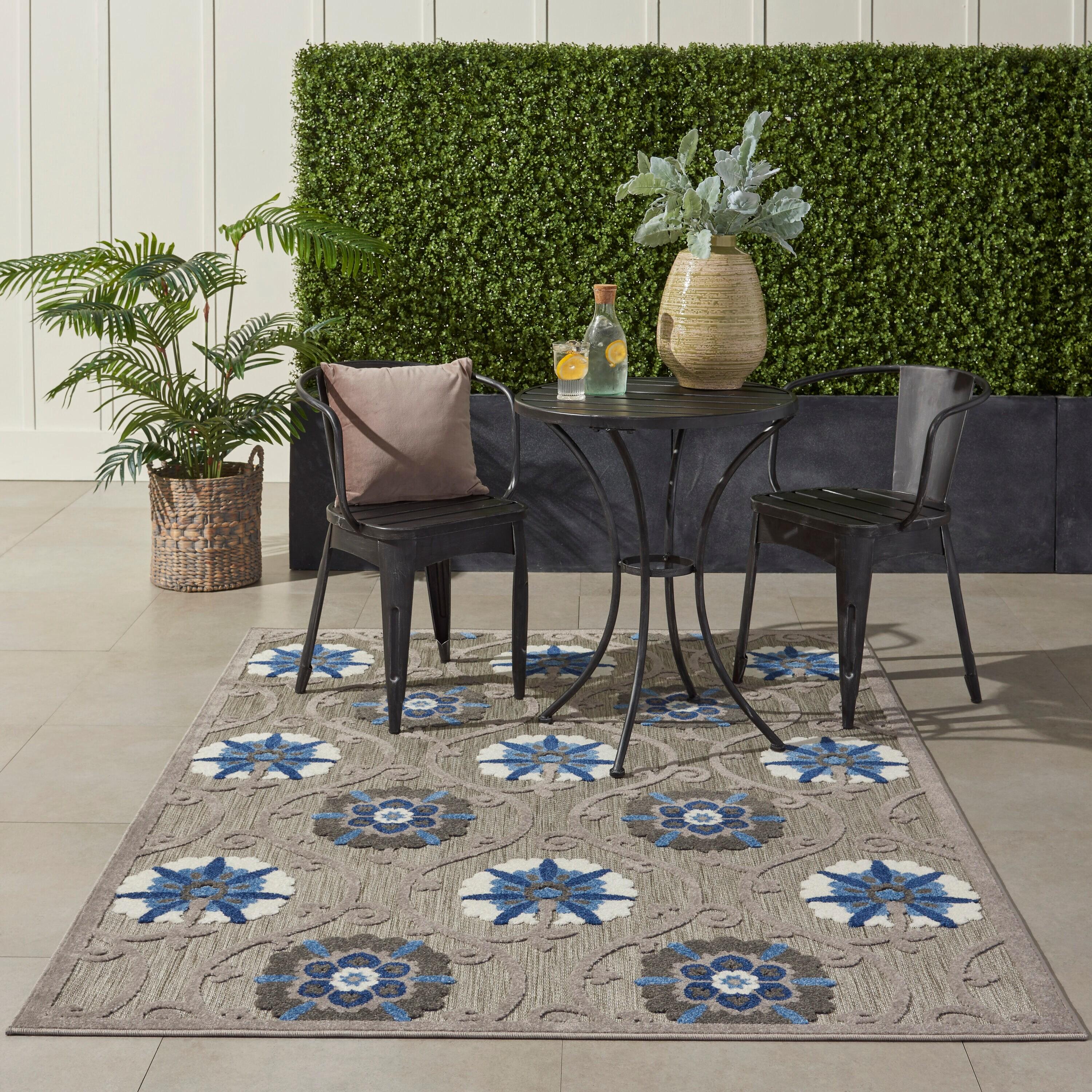 Nourison Aloha Contemporary Floral Flatweave High-Low Indoor Outdoor Area Rug Grey/Blue 3'6" x 5'6"