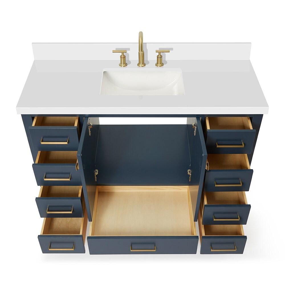 ARIEL 49" Bathroom Vanity with 1.5" Edge Pure White Quartz Countertop & Backsplash, Center Rectangular Sink, 2 Soft Closing Doors, 9 Full Extension Dovetail Drawers, Brushed Nickel - Midnight Blue