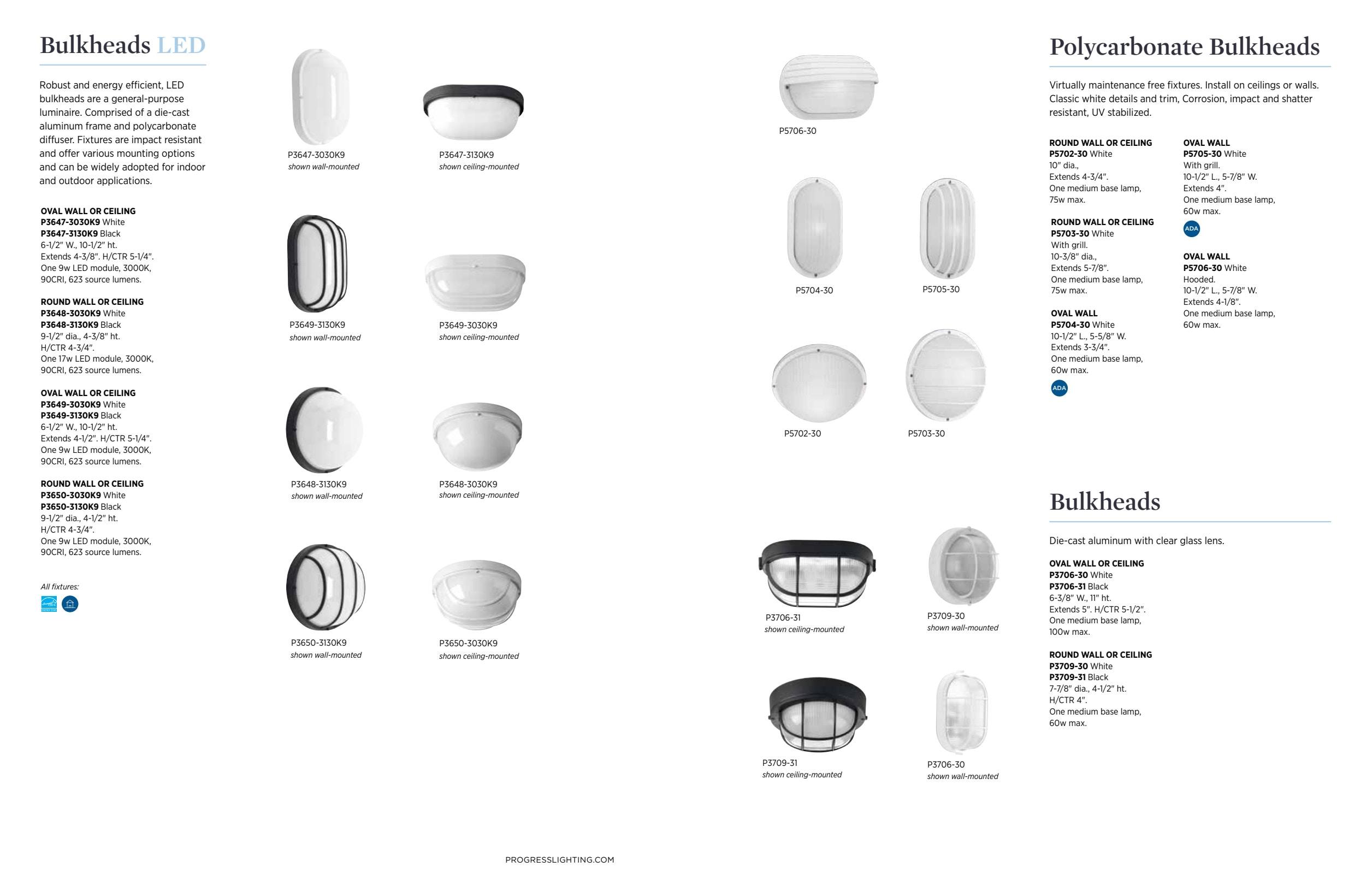 Progress Lighting, Bulkhead Collection, 1-Light Wall/Ceiling Mount, White, Cage, Polycarbonate, Wet Rated