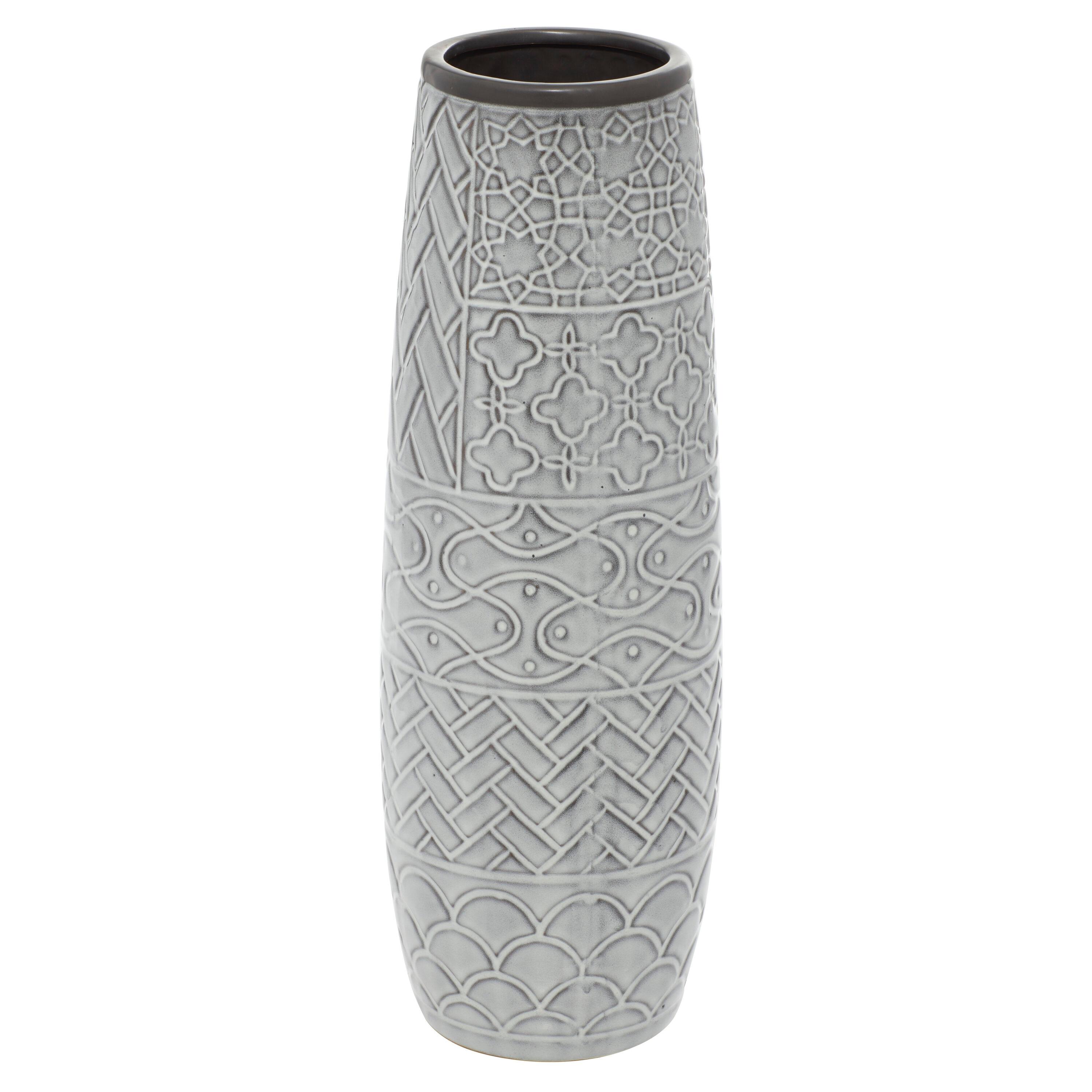 Ceramic Slim Engraved Patterned Decorative Gray Vase