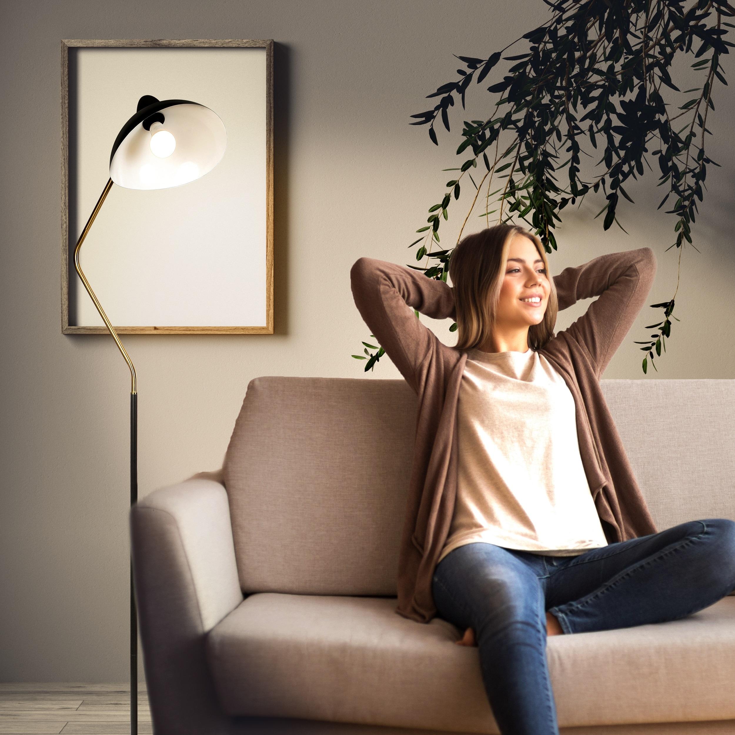 Brightech Swoop 69 in. Mid Century Modern Adjustable Curved Black Standing Lamp with Metal Bowl Shade and Gold Finish - LED Bulb Included