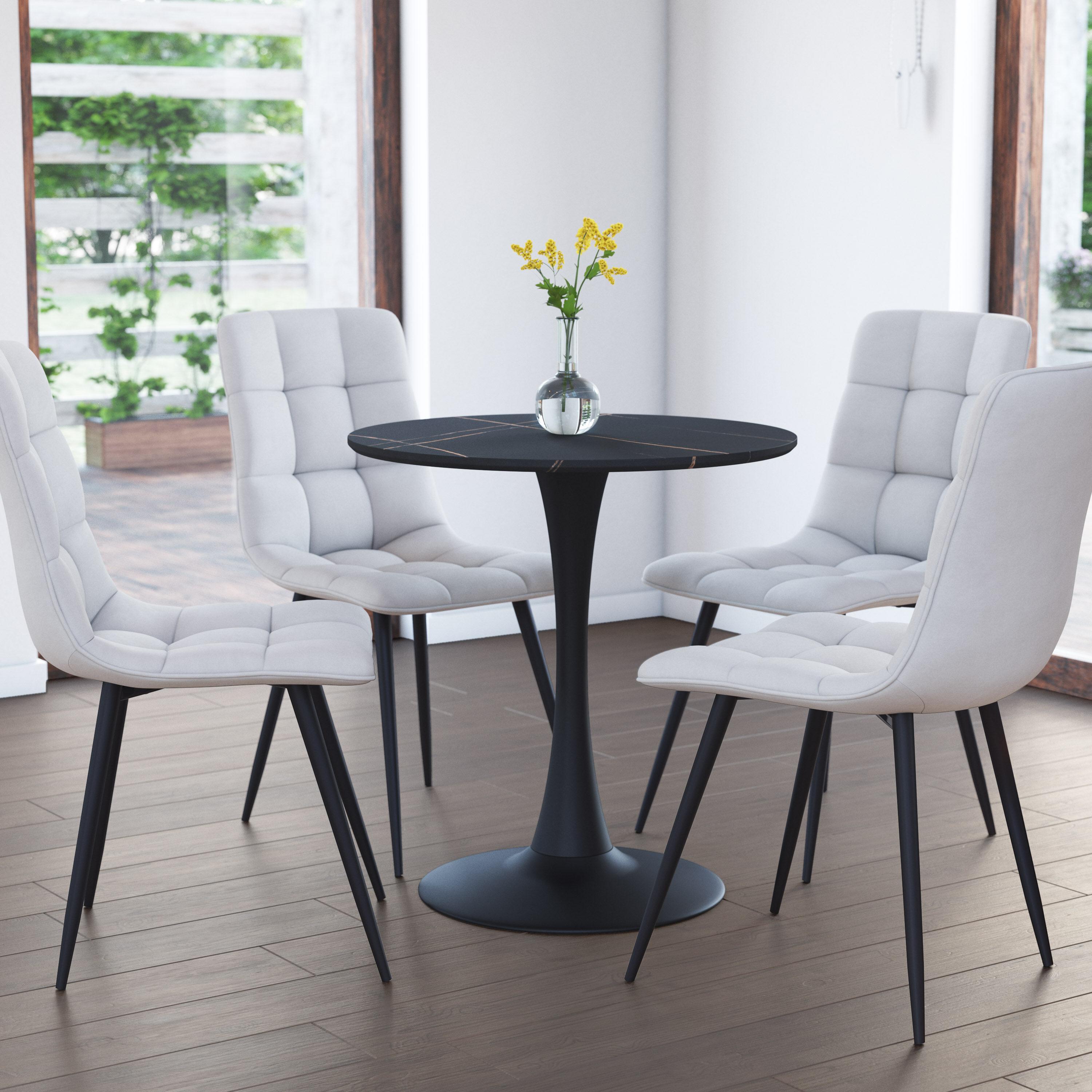 CorLiving Ivo Modern Round Black Marbled Engineered Wood and Steel Pedestal Dining Table - Small Pedestal Dining Room Table for 3, Ideal Small Round Kitchen Table, Bistro Cafe Table