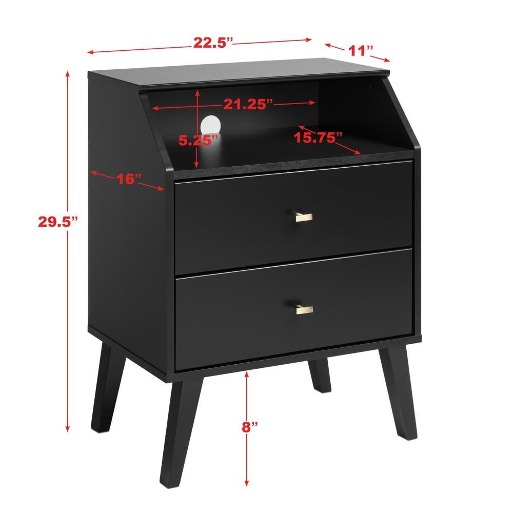 Prepac Milo Mid-Century Modern 2-Drawer Bedroom Nightstand, Black