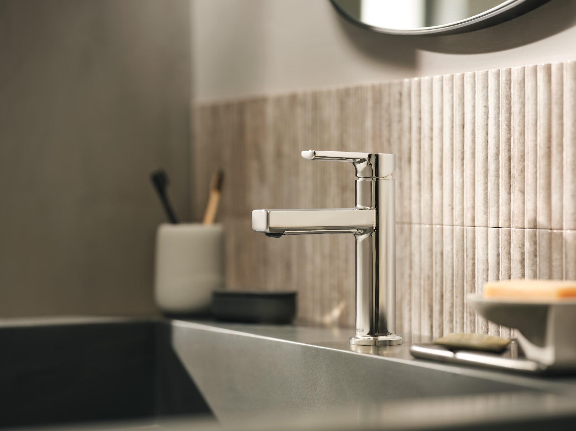Moen 84627NL Rinza Polished Nickel Single hole 1-handle WaterSense High-arc Residential Handle Bathroom Sink Faucet with Drain with Deck Plate