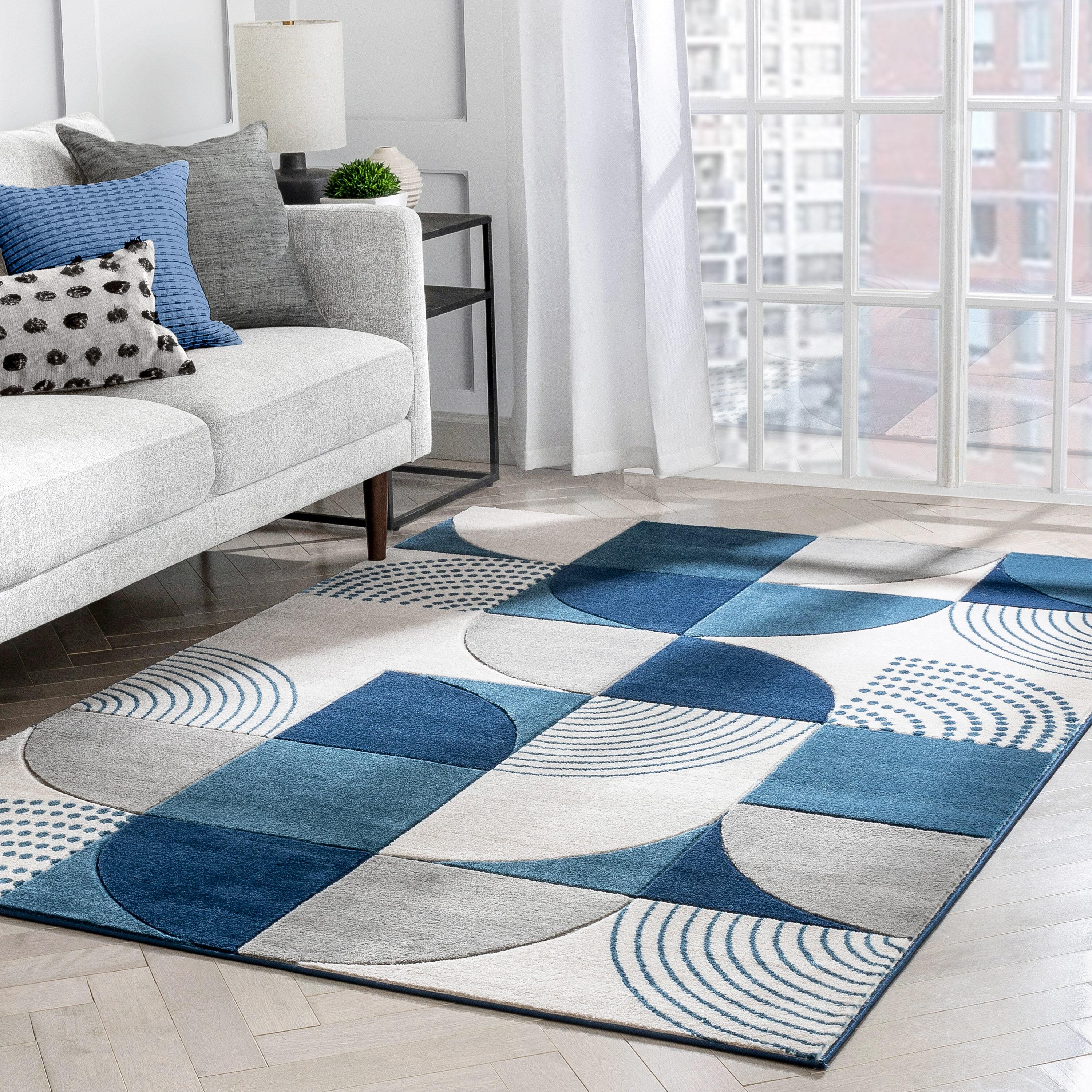 Well Woven Margot Blue Modern Geometric Boxes Lines 3D Textured Rug