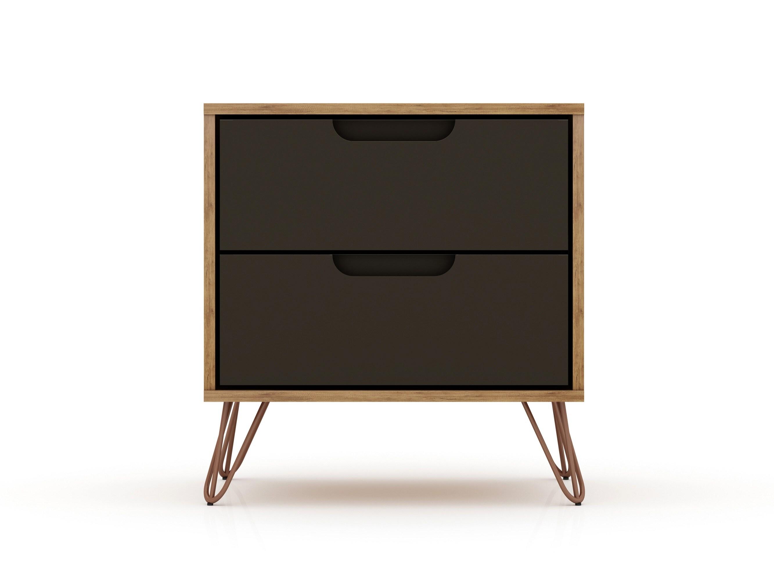 Set of 2 Rockefeller 2 Drawer Nightstands Nature/Textured Gray - Manhattan Comfort: Modern Splayed Metal Legs, MDF