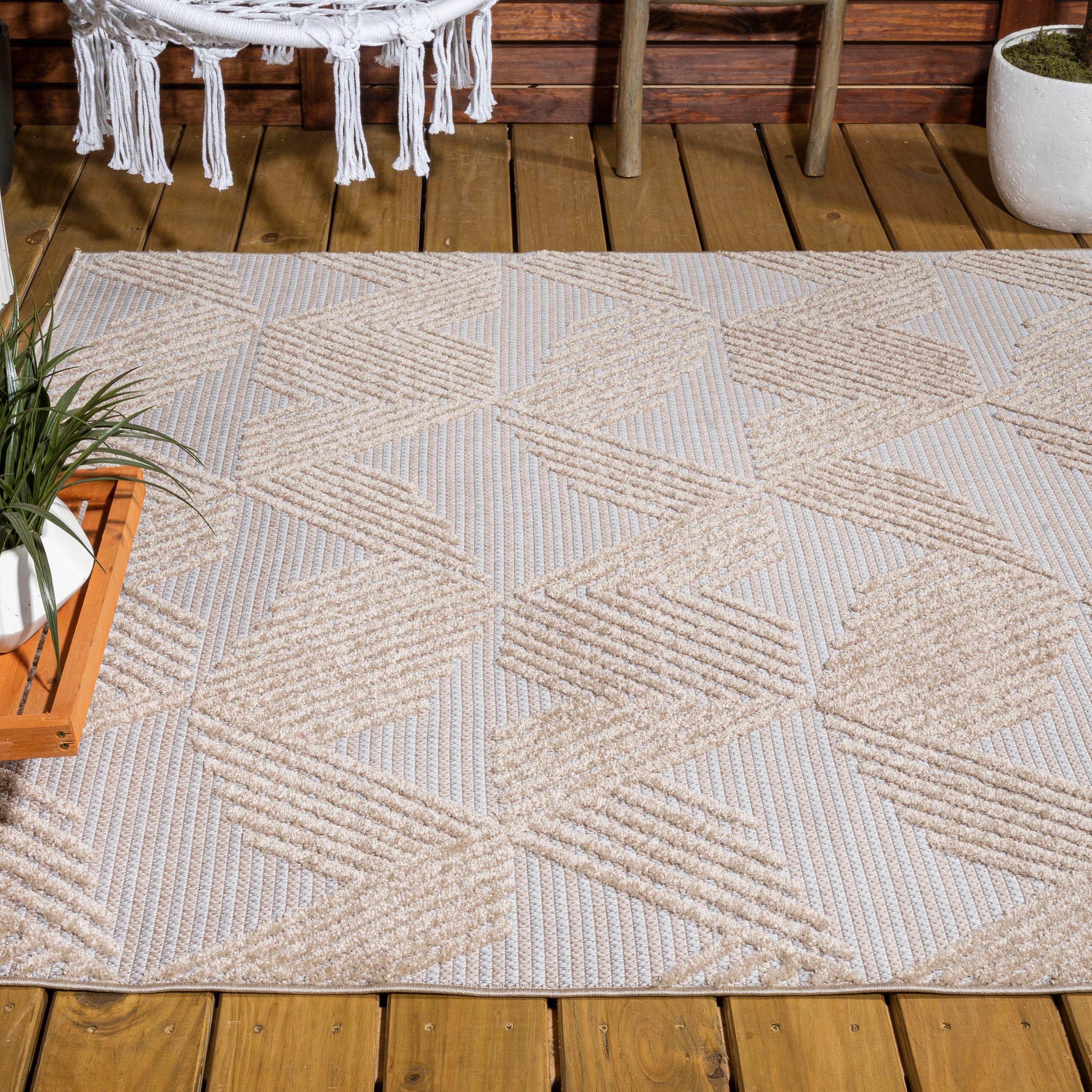 8'x10' Jazz High-Low Pile Art Deco Geometric Indoor/Outdoor Area Rug, Beige - JONATHAN Y